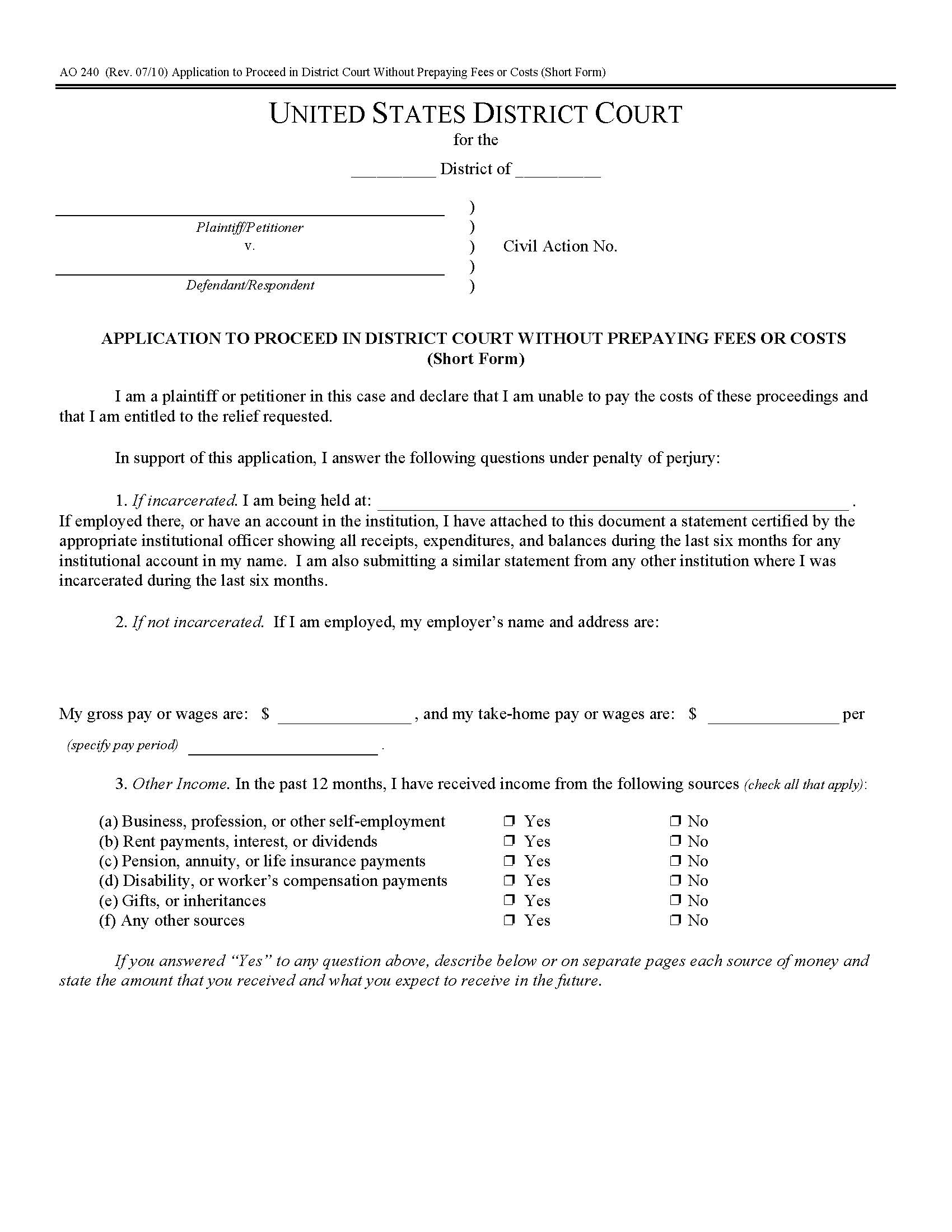 Application To Proceed In District Court Without Prepaying Fees Or Costs {AO 240} | Pdf Fpdf Doc Docx | Official Federal Forms