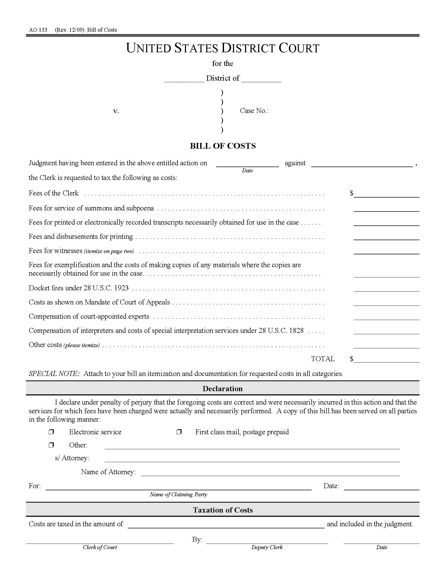 Bill Of Costs {AO 133} | Pdf Fpdf Doc Docx | Official Federal Forms