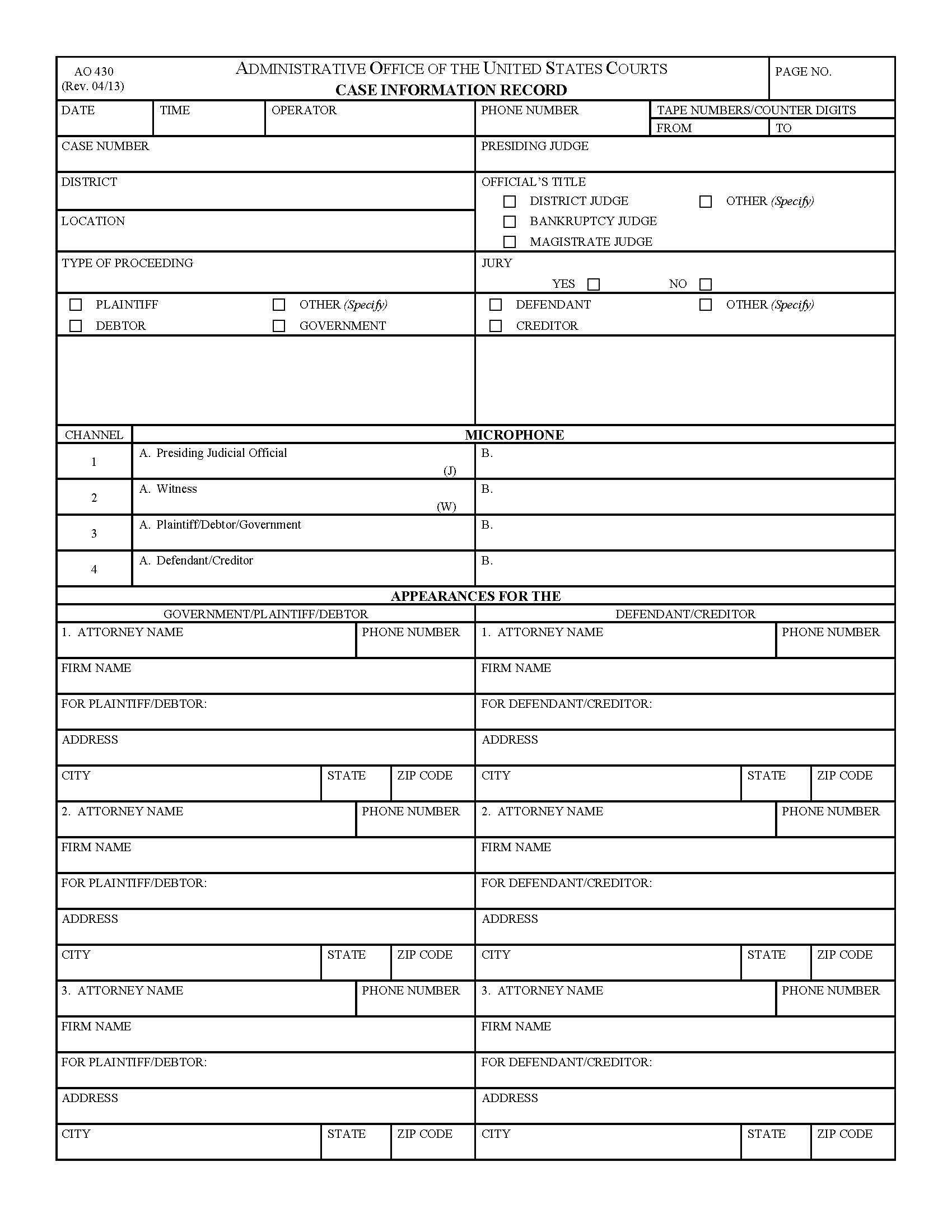 Case Information Record {AO 430} | Pdf Fpdf Doc Docx | Official Federal Forms
