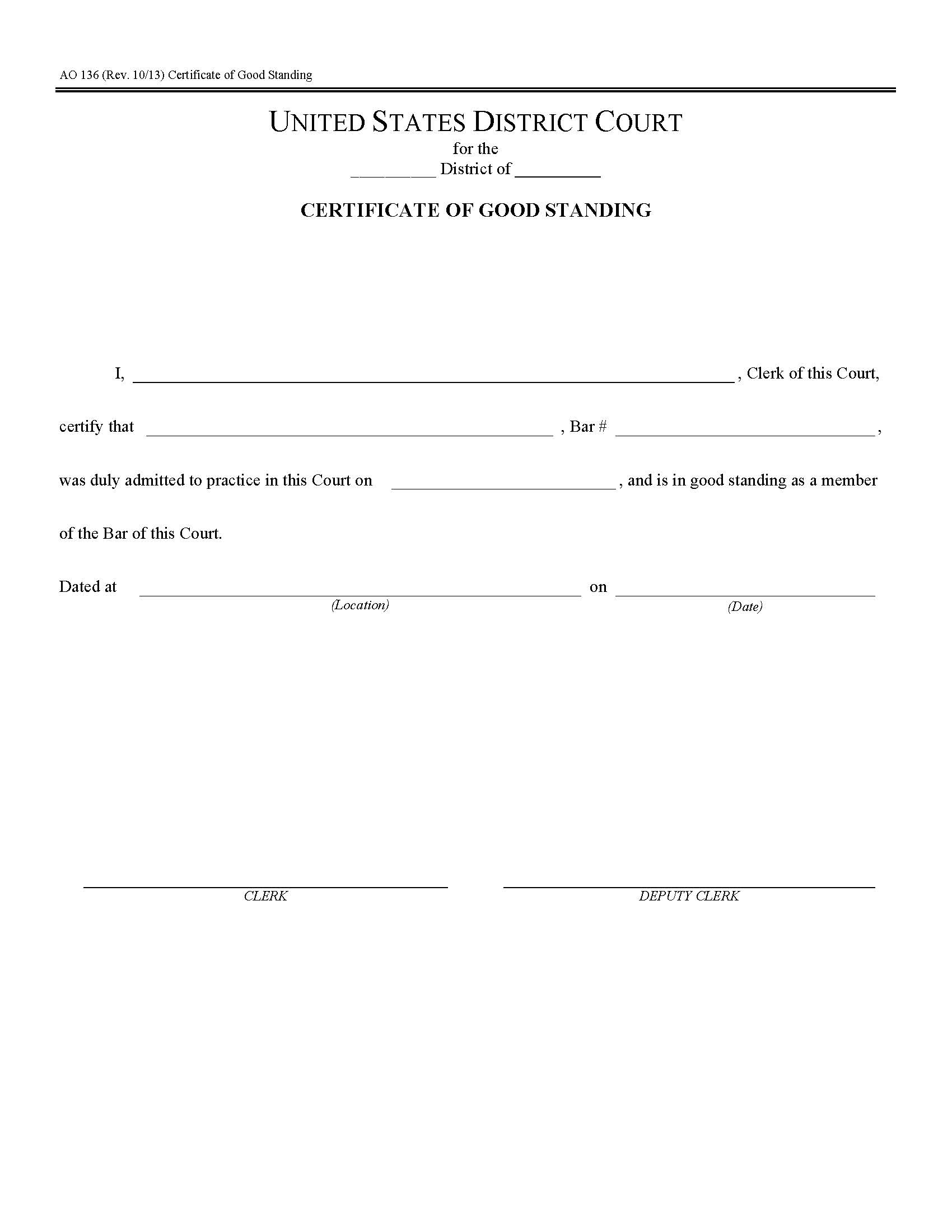 Certificate Of Good Standing {AO 136} | Pdf Fpdf Doc Docx | Official Federal Forms