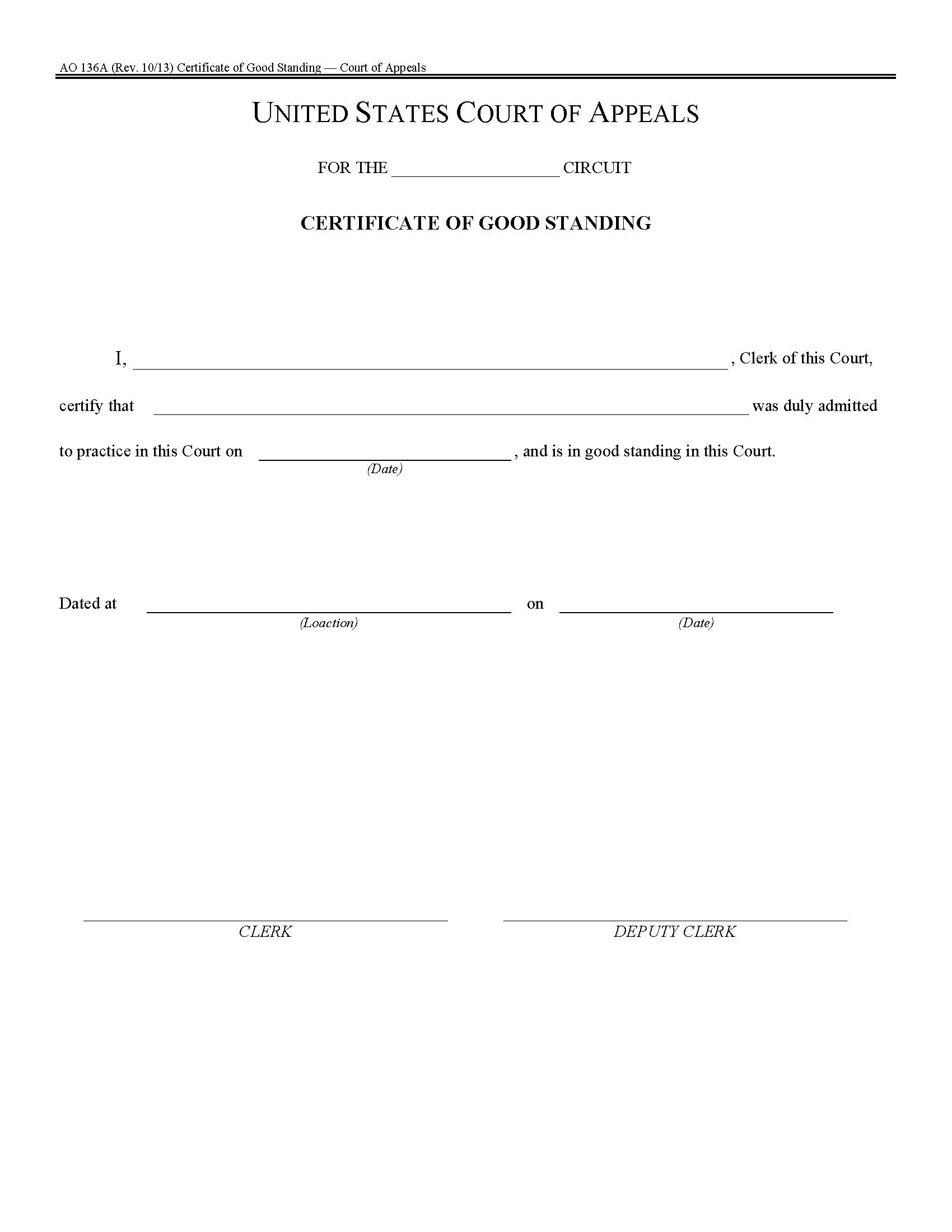 Certificate Of Good Standing {AO 136A} | Pdf Fpdf Doc Docx | Official Federal Forms