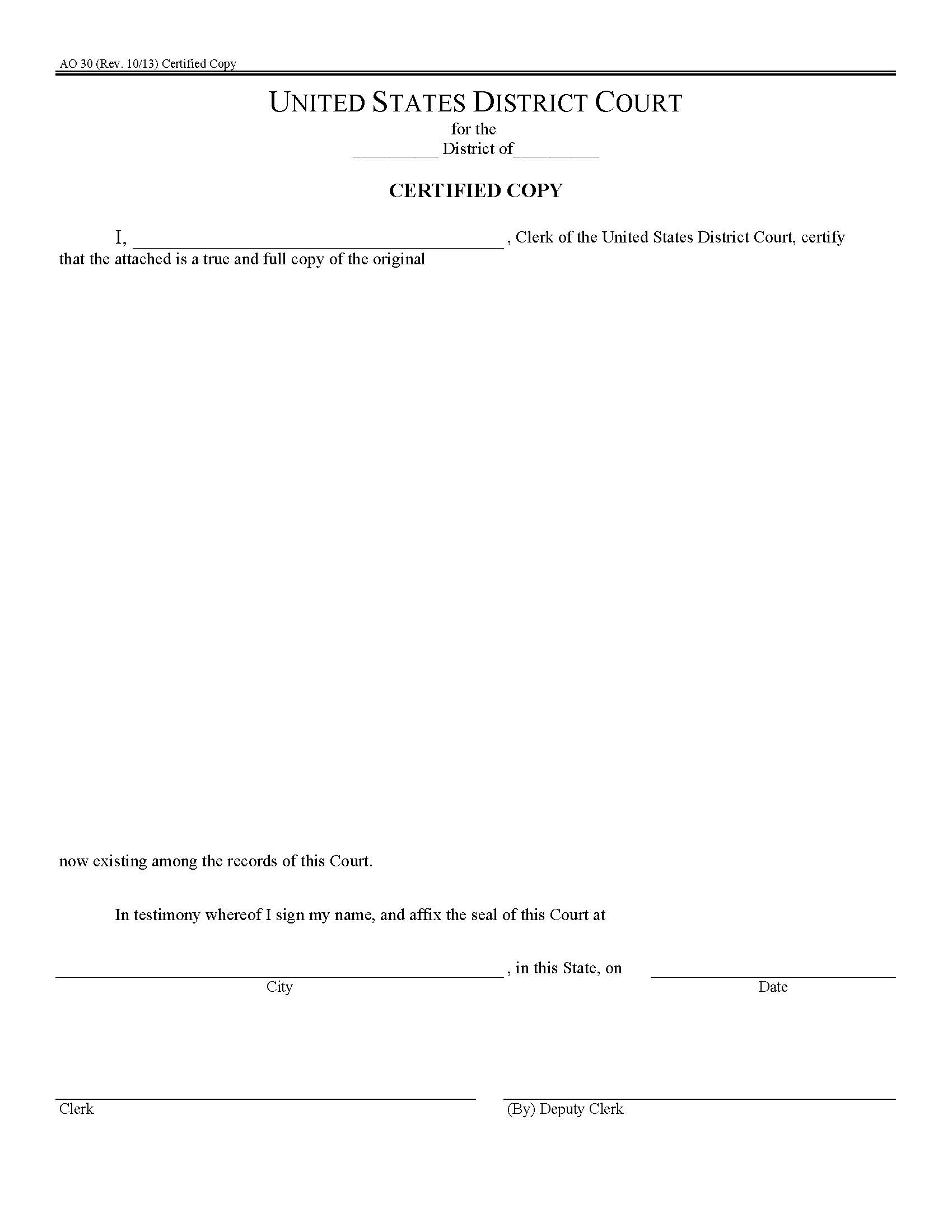 Certified Copy {AO 30} | Pdf Fpdf Doc Docx | Official Federal Forms