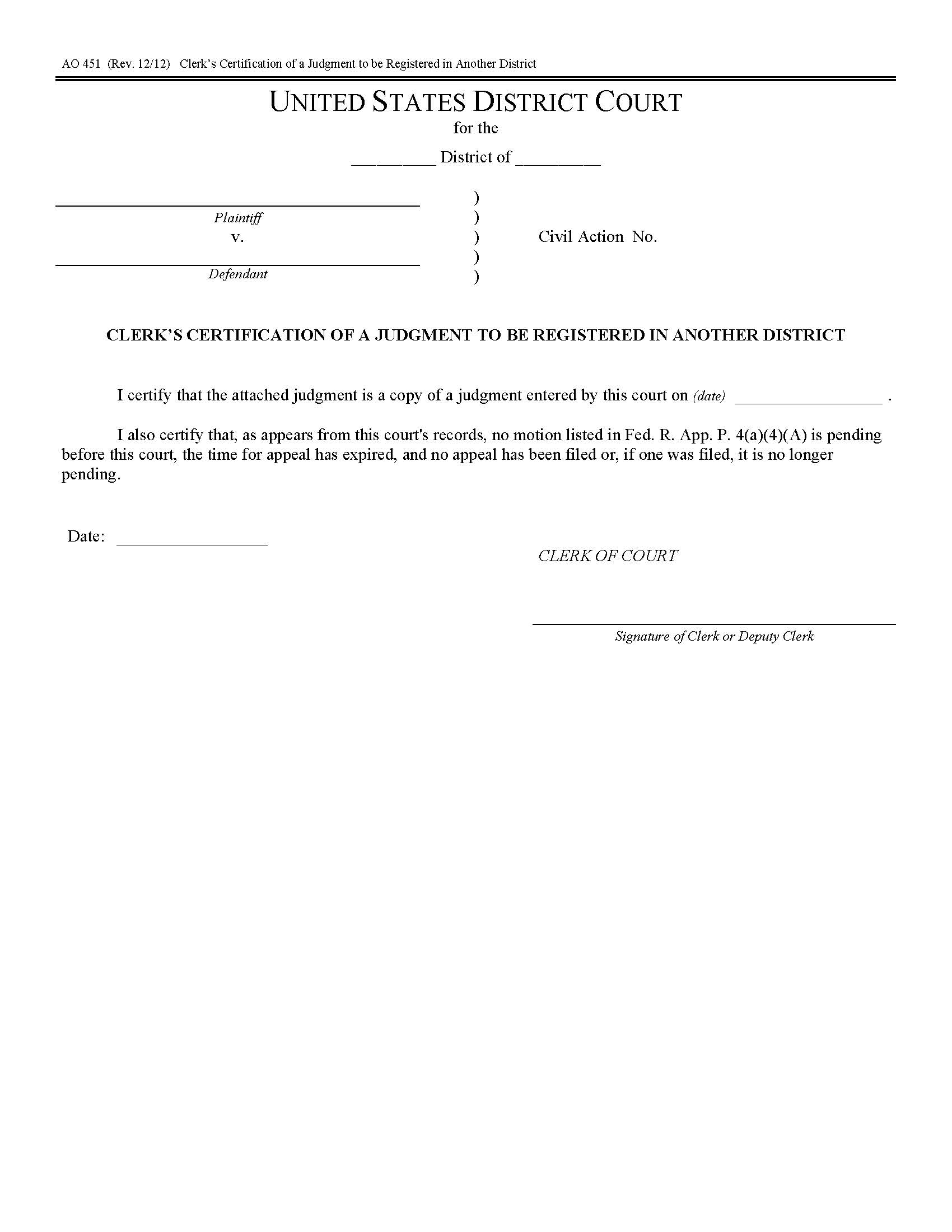 Clerks Certification Of A Judgment To Be Registered In Another District {AO 451} | Pdf Fpdf Doc Docx | Official Federal Forms
