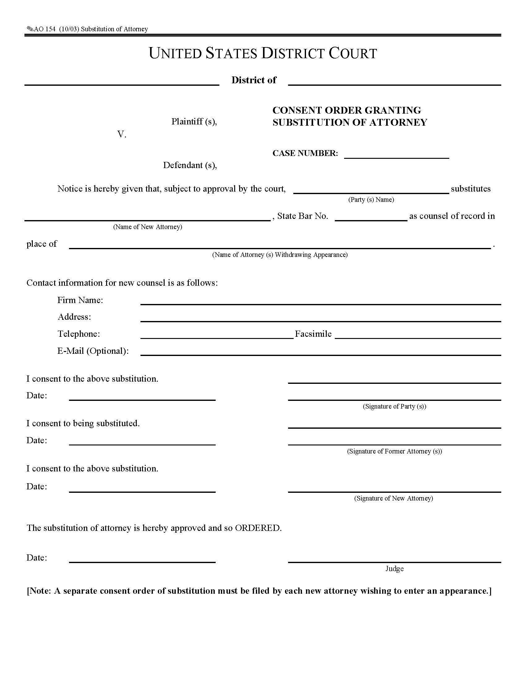 Consent Order Granting Substitution Of Attorney {AO 154} | Pdf Fpdf Doc Docx | Official Federal Forms