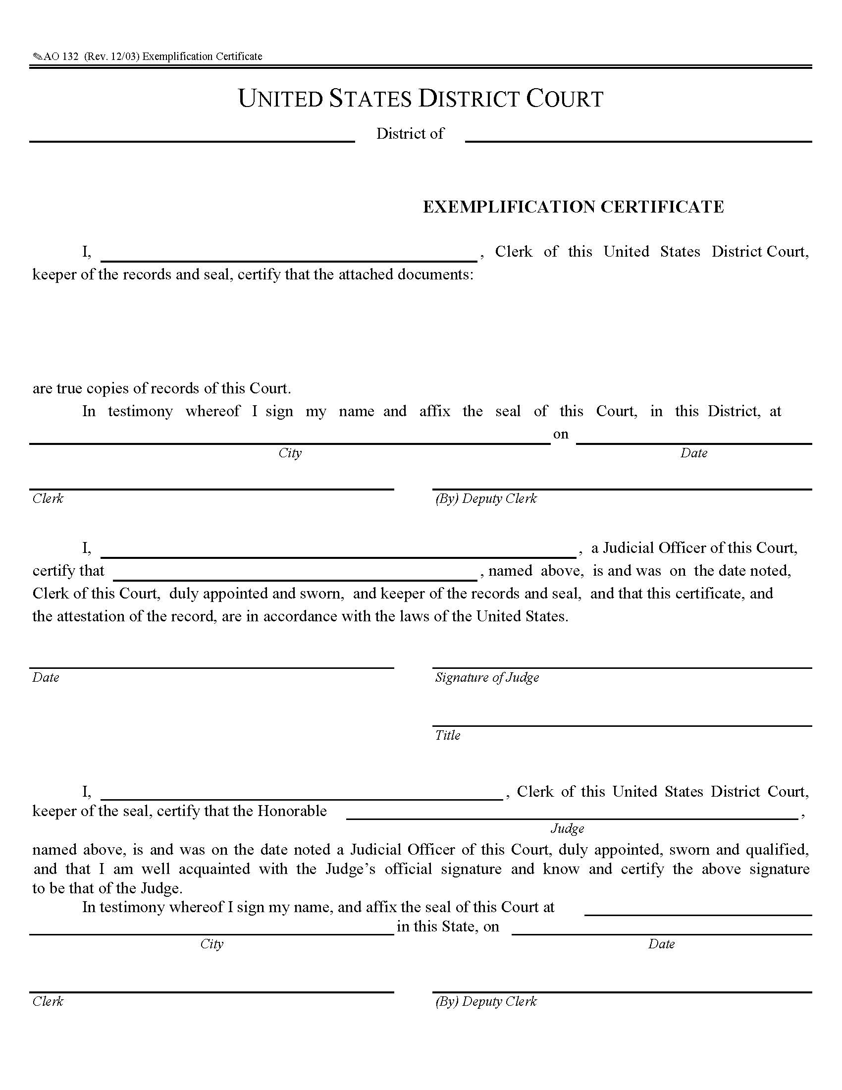 Exemplification Certificate {AO 132} | Pdf Fpdf Doc Docx | Official Federal Forms