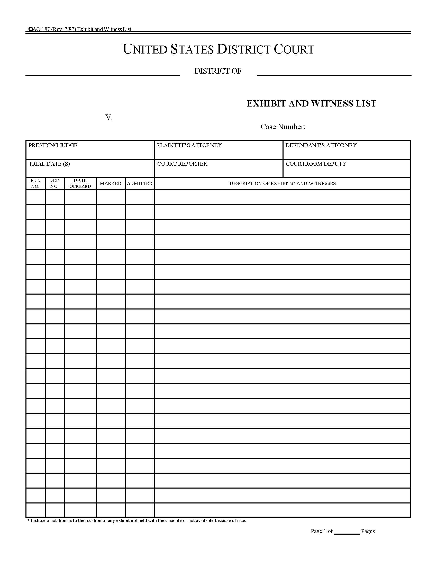 Exhibit And Witness List {AO 187} | Pdf Fpdf Doc Docx | Official Federal Forms