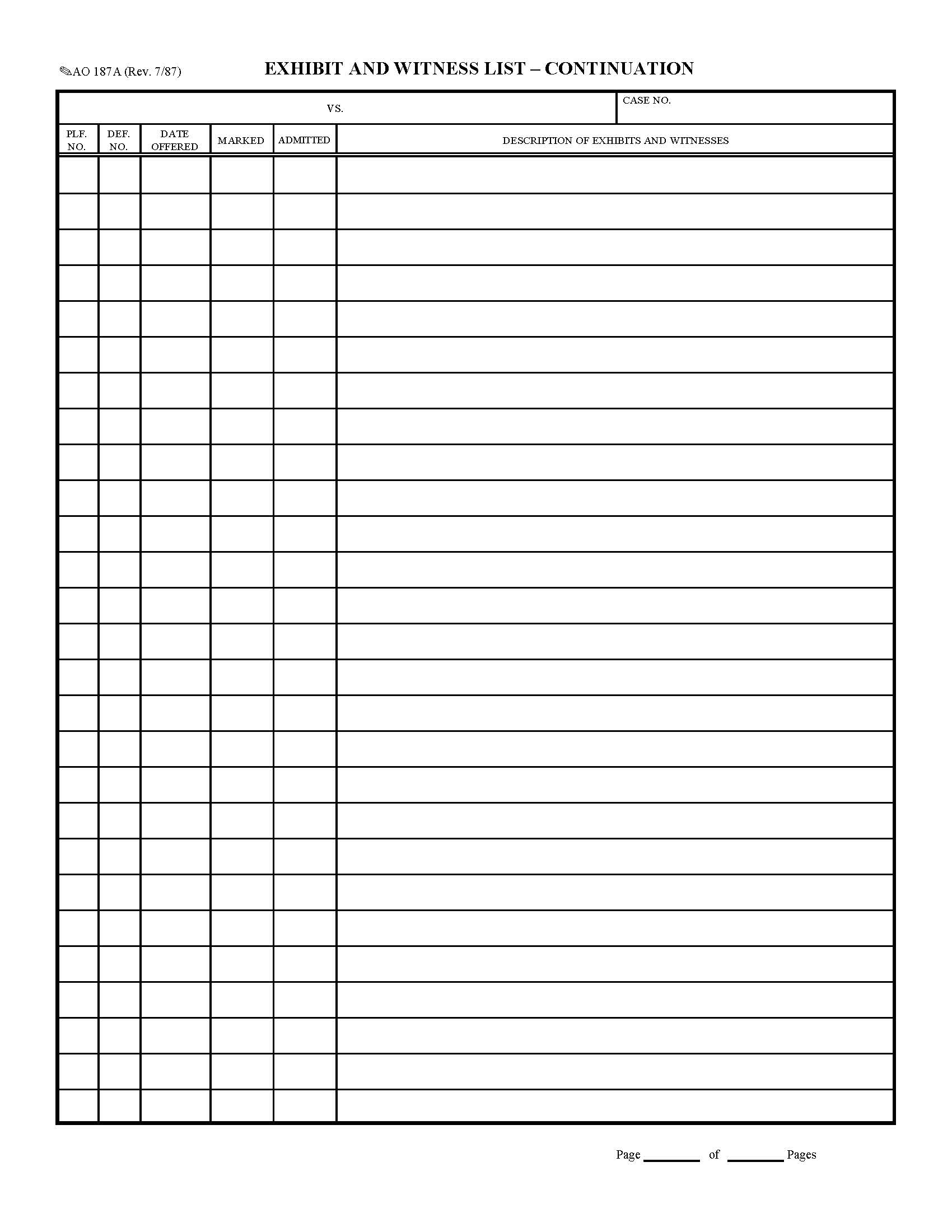 Exhibit And Witness List - Continuation {AO 187A} | Pdf Fpdf Doc Docx | Official Federal Forms