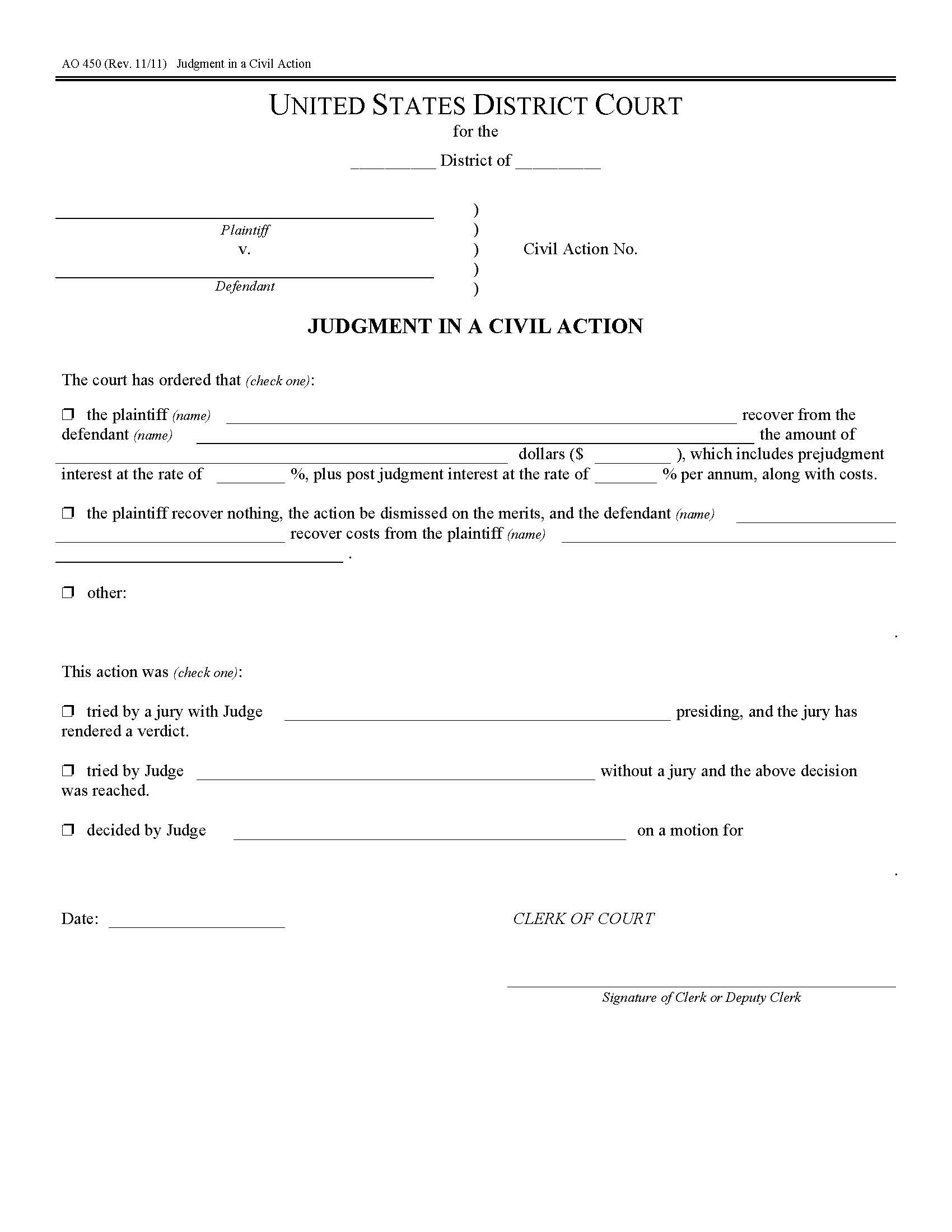Judgment In A Civil Action {AO 450} | Pdf Fpdf Doc Docx | Official Federal Forms