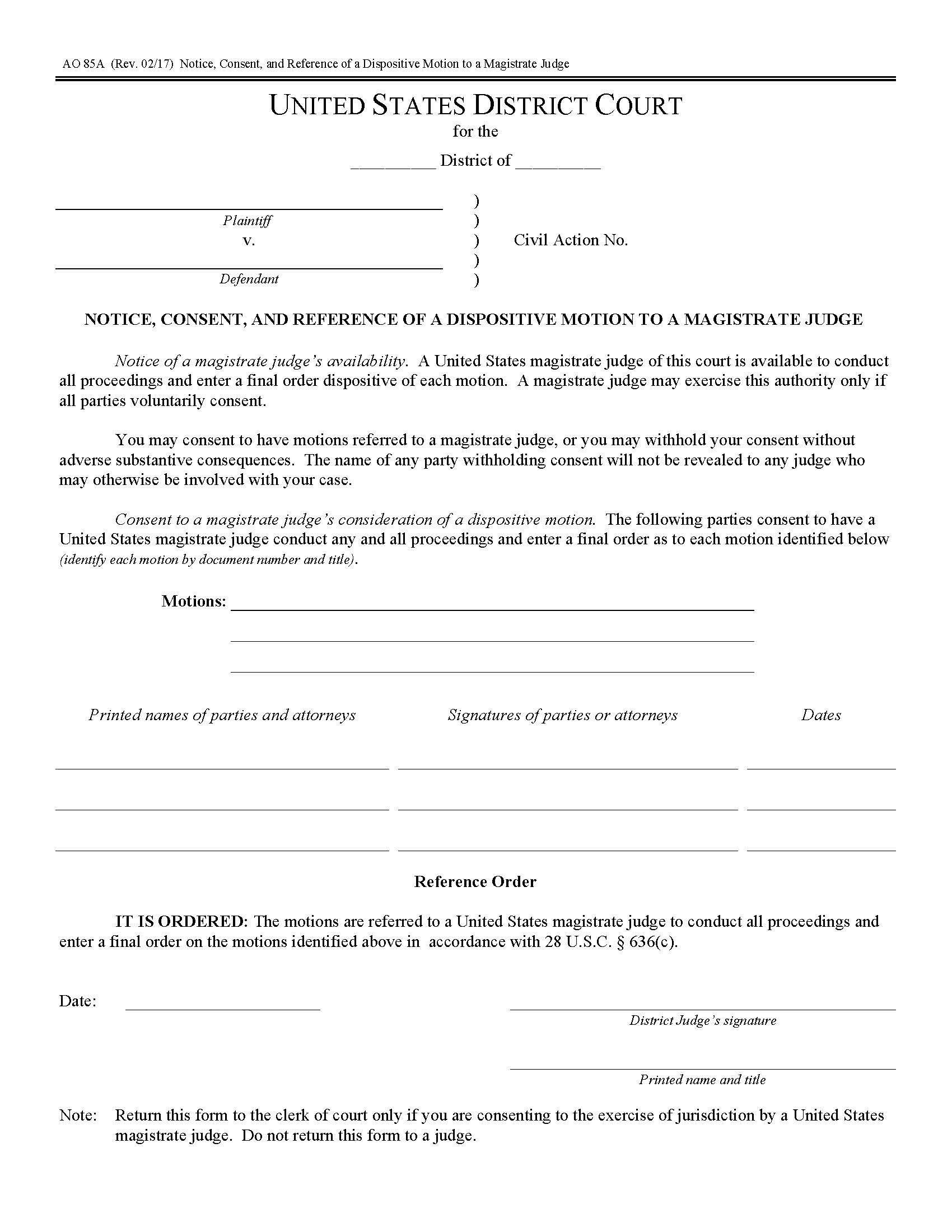 Notice Consent And Reference Of A Dispositive Motion To A Magistrate Judge {AO 85A} | Pdf Fpdf Doc Docx | Official Federal Forms