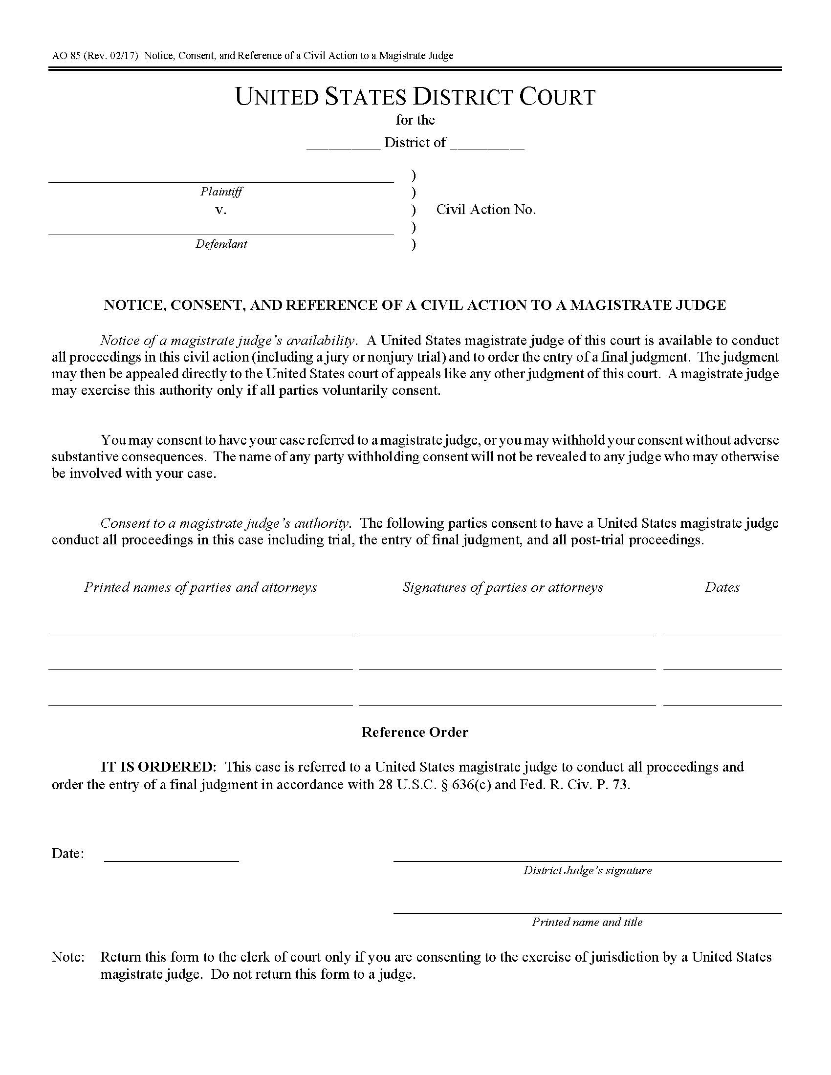 Notice Consent And Reference Of Civil Action To A Magistrate Judge {AO 85} | Pdf Fpdf Doc Docx | Official Federal Forms