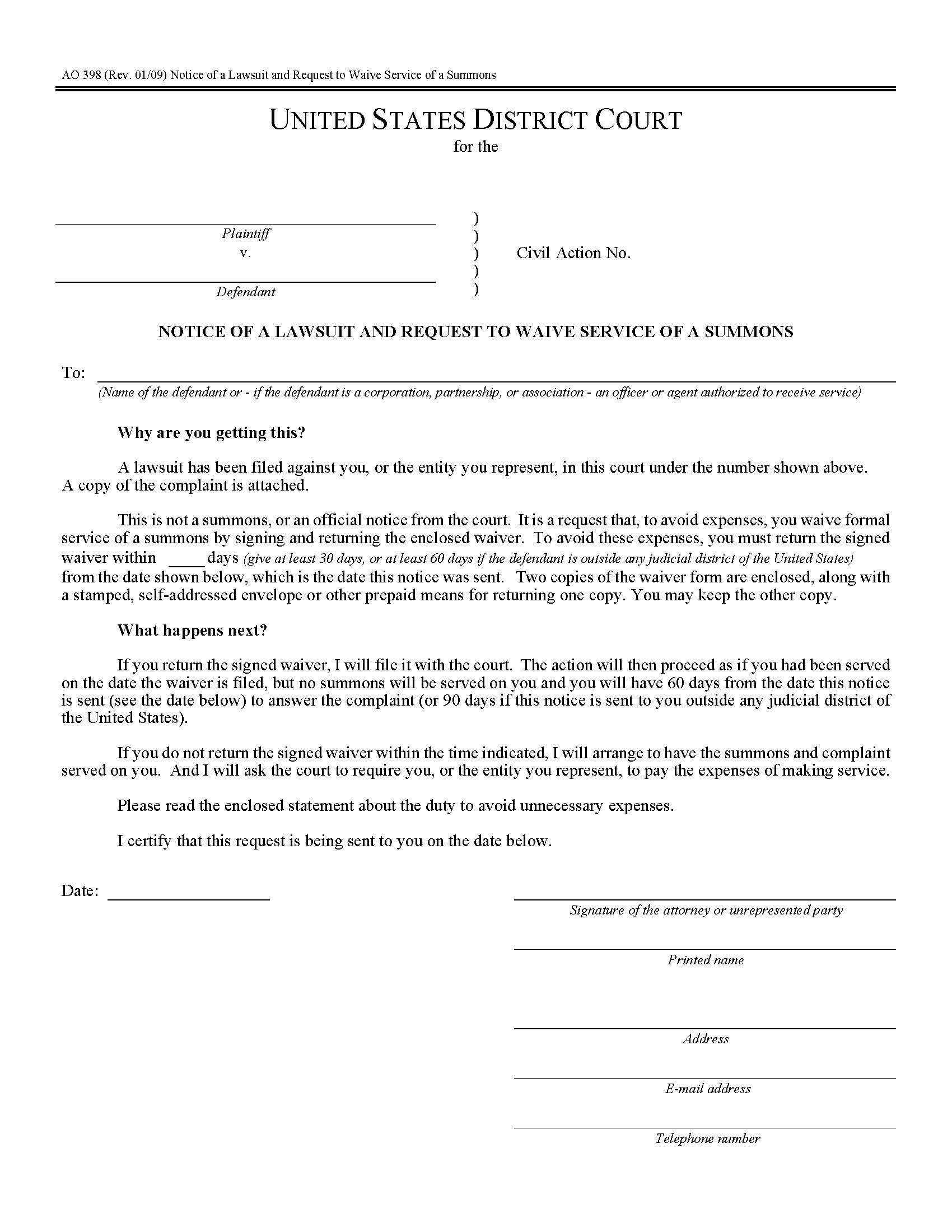 Notice Of A Lawsuit And Request To Waive Service Of A Summons {AO 398} | Pdf Fpdf Doc Docx | Official Federal Forms