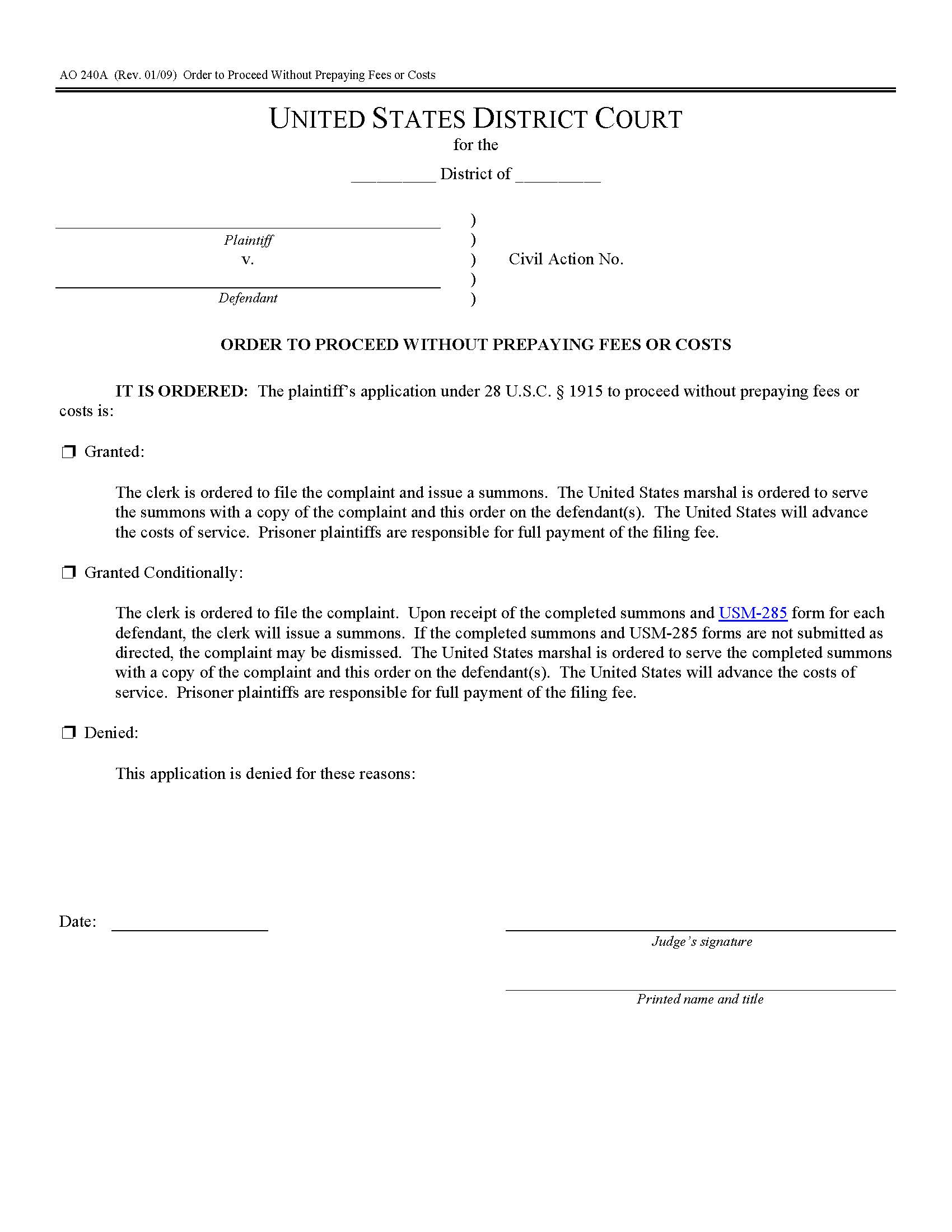 Order To Proceed Without Prepaying Fees or Costs {AO 240A} | Pdf Fpdf Doc Docx | Official Federal Forms