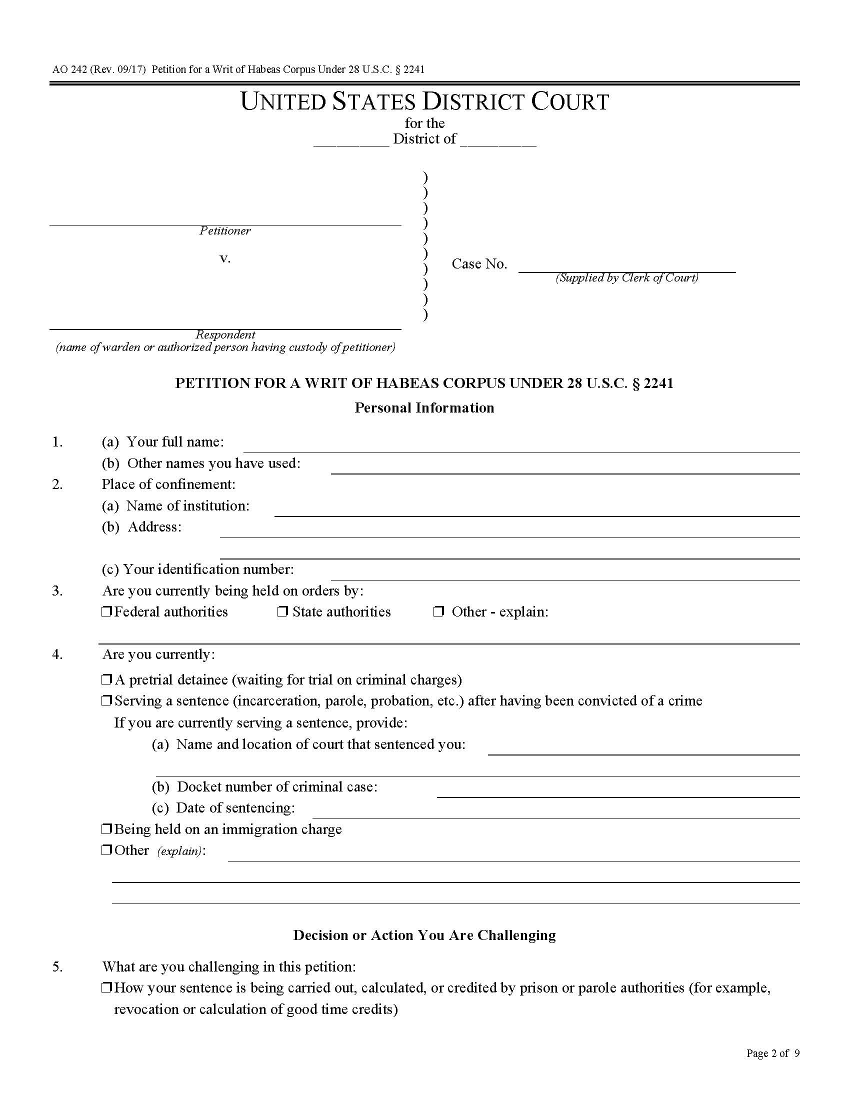 Petition For Writ Of Habeas Corpus Under 28 USC 2241 {AO 242} | Pdf Fpdf Doc Docx | Official Federal Forms