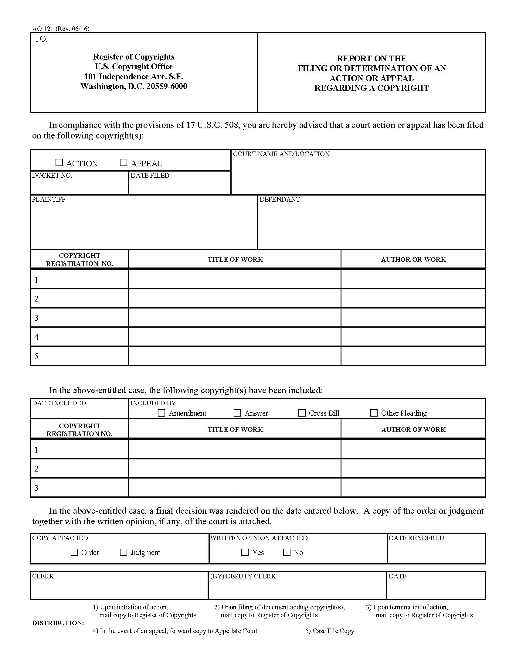 Report On The Filing Or Determination Of An Action Or Appeal Re A Copyright {AO 121} | Pdf Fpdf Doc Docx | Official Federal Forms