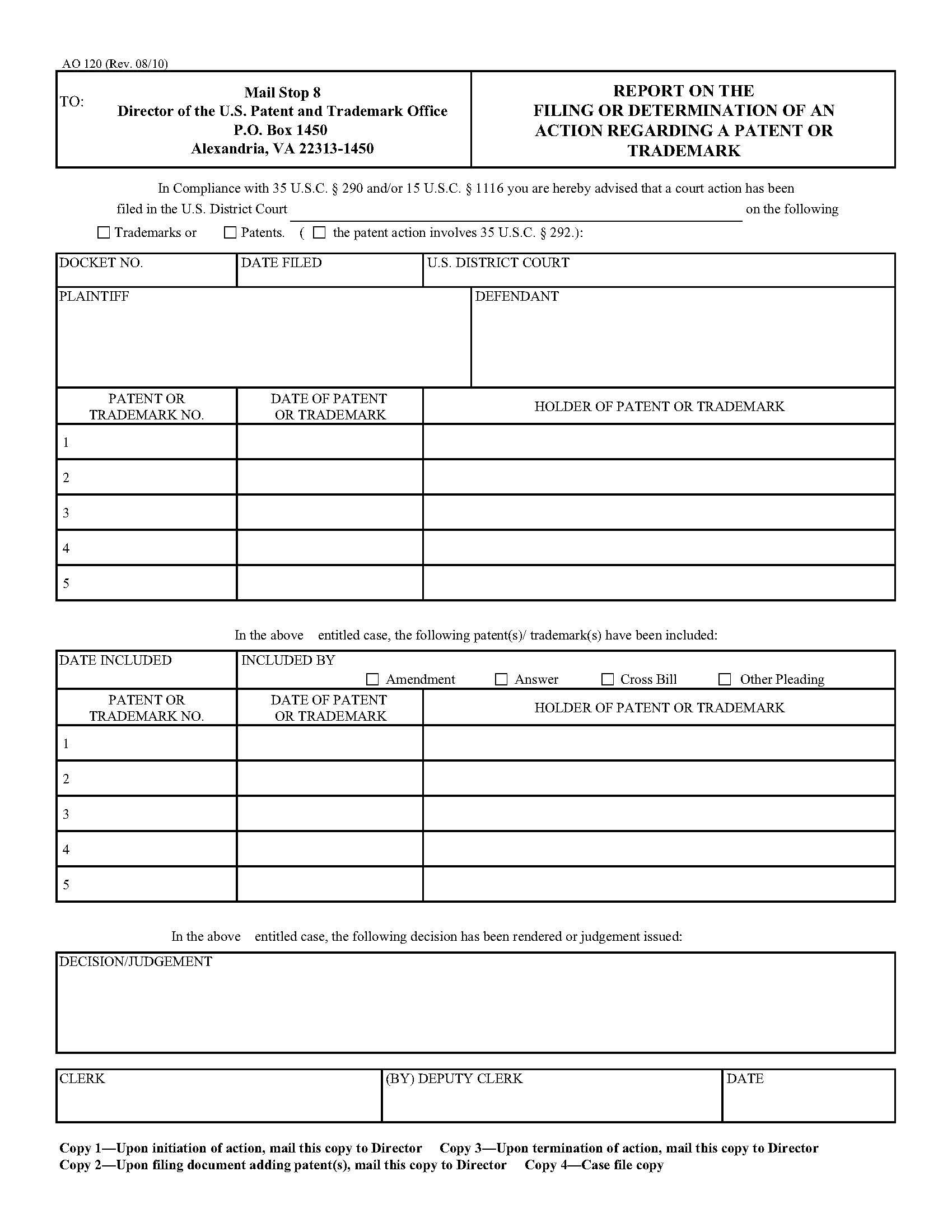 Report On The Filing Or Determination Of An Action Regarding A Patent Or Trademark {AO 120} | Pdf Fpdf Doc Docx | Official Federal Forms