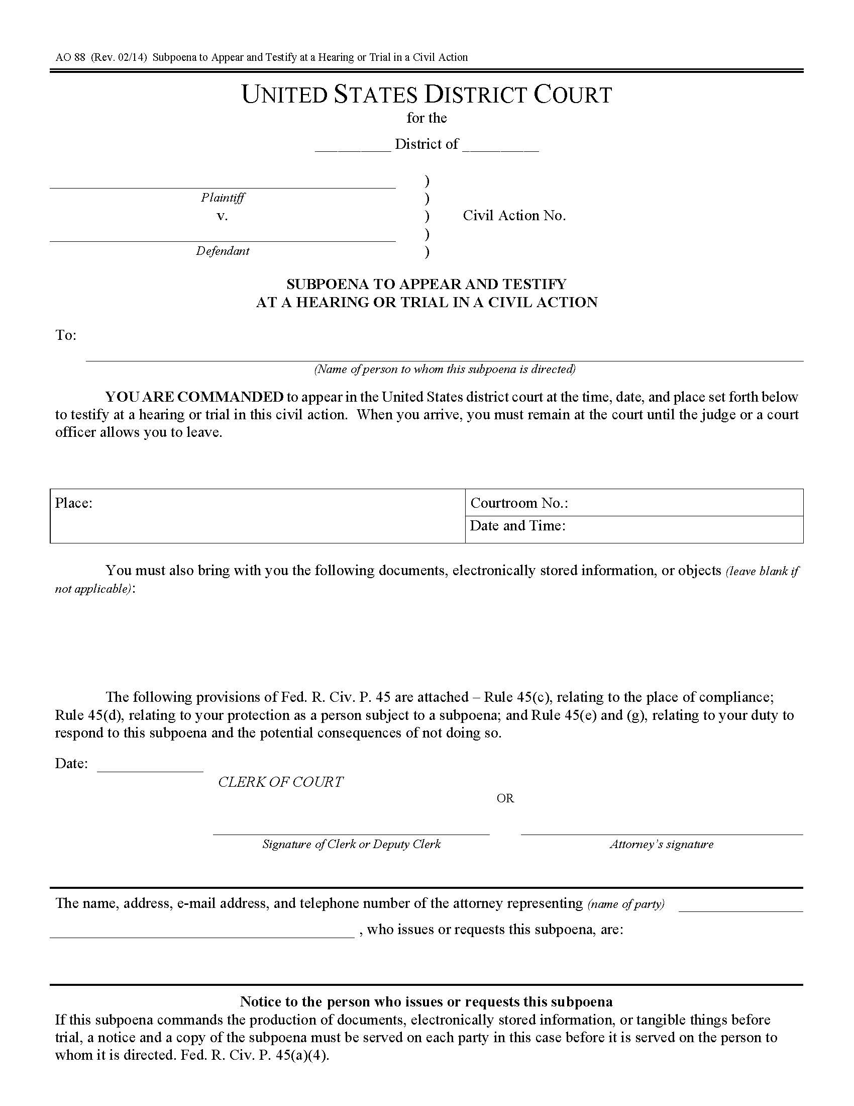 Subpoena To Appear And Testify At A Hearing Or Trial In A Civil Action {AO 88} | Pdf Fpdf Doc Docx | Official Federal Forms