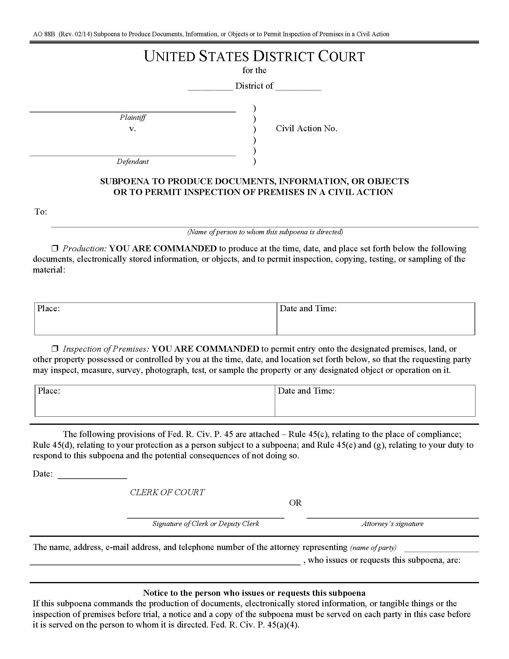 Subpoena To Produce Documents Information Or Objects Or To Permit Inspection Of Premises {AO 88B} | Pdf Fpdf Doc Docx | Official Federal Forms