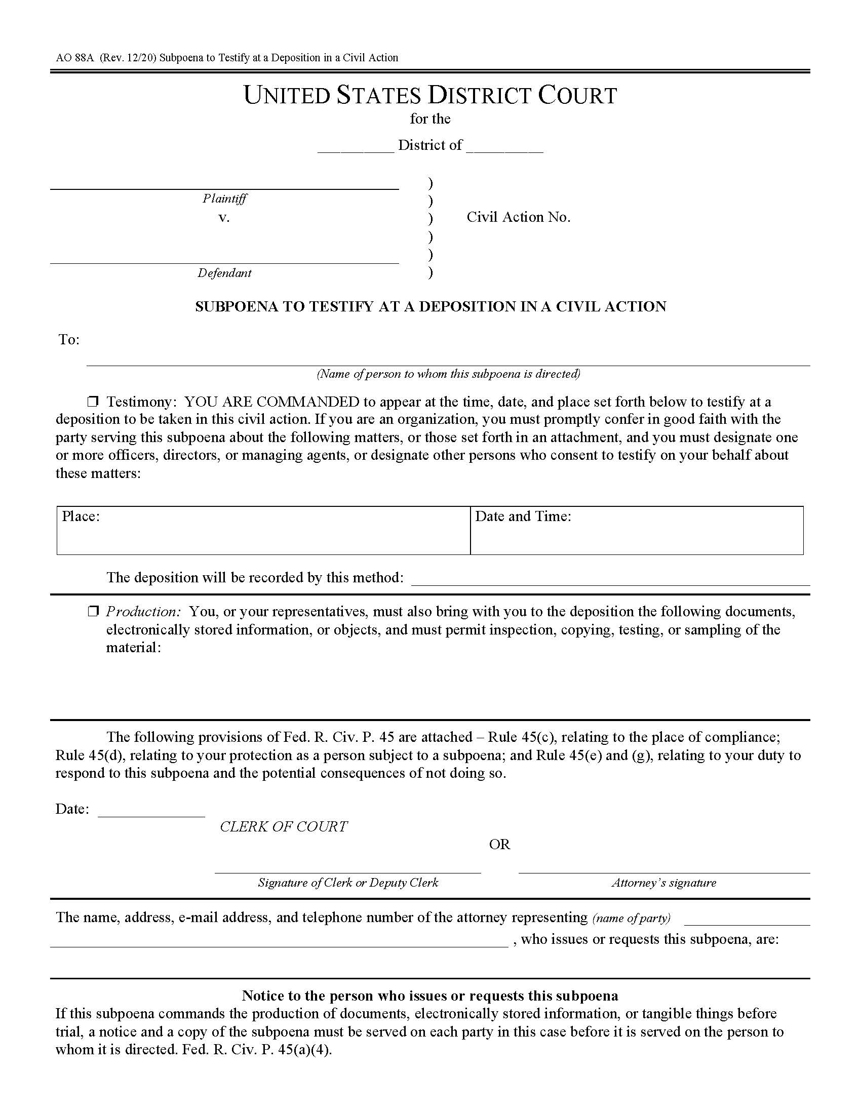 Subpoena To Testify At A Deposition Or To Produce Documents In A Civil Action {AO 88A} | Pdf Fpdf Doc Docx | Official Federal Forms