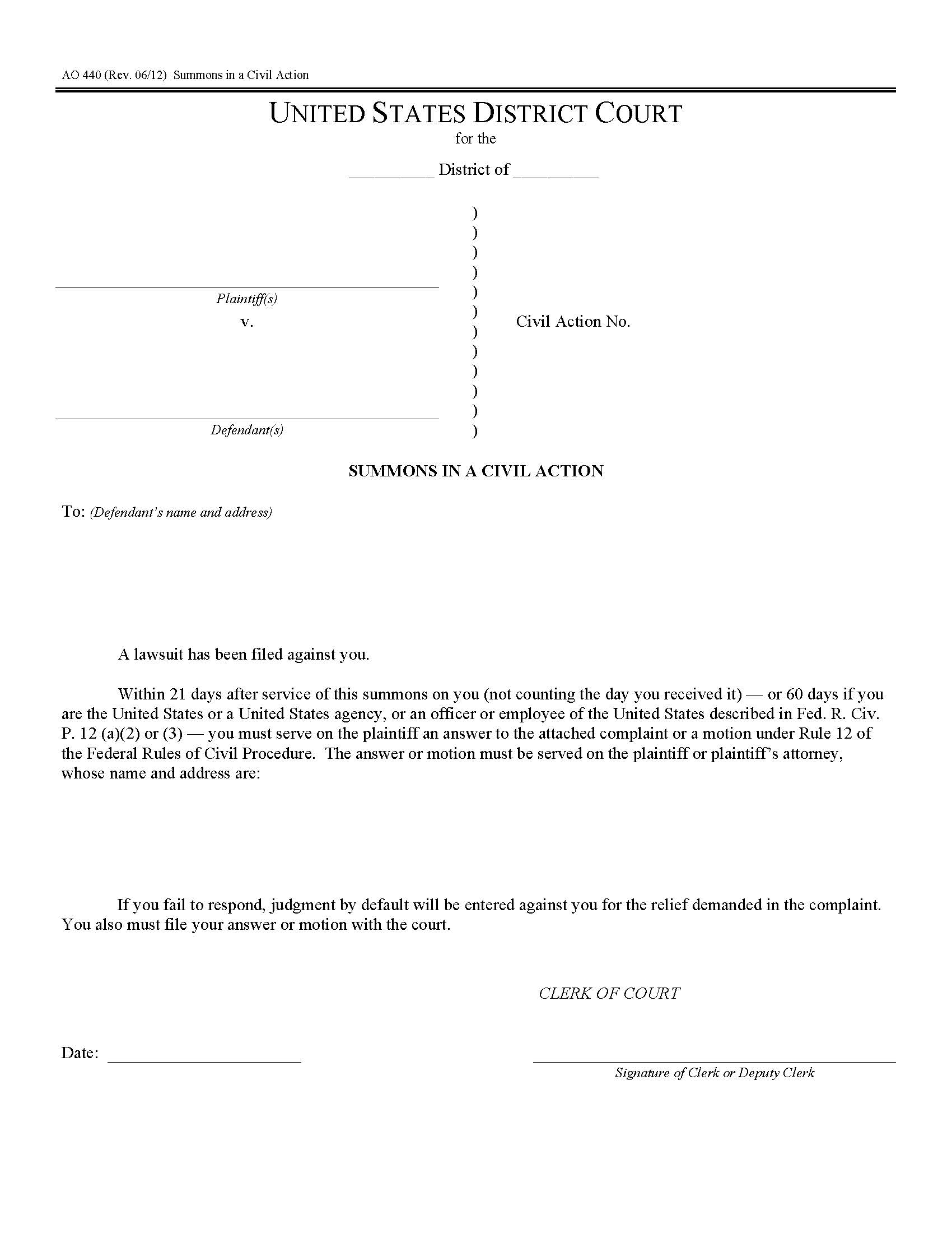 Summons In A Civil Action {AO 440} | Pdf Fpdf Doc Docx | Official Federal Forms