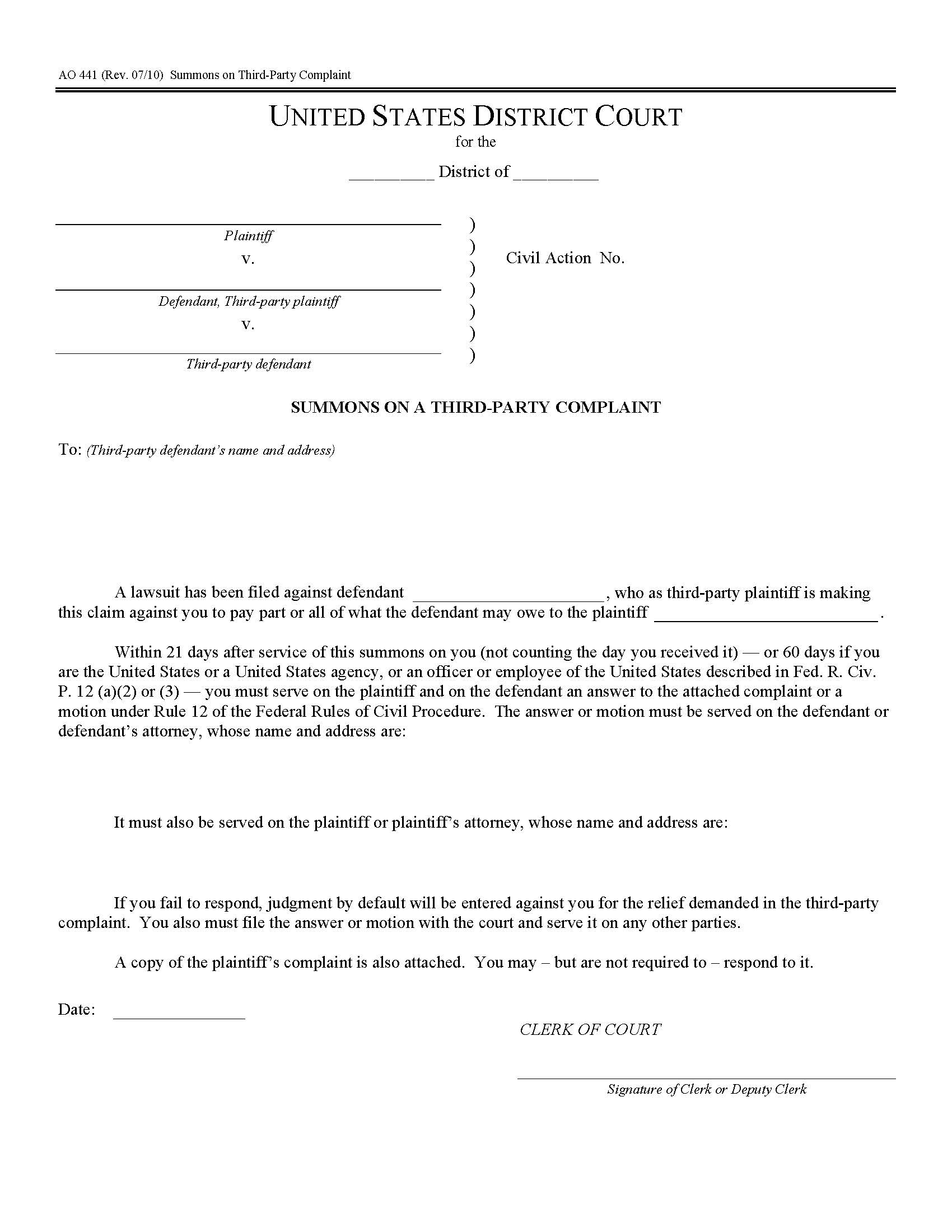Summons On Third-Party Complaint {AO 441} | Pdf Fpdf Doc Docx | Official Federal Forms