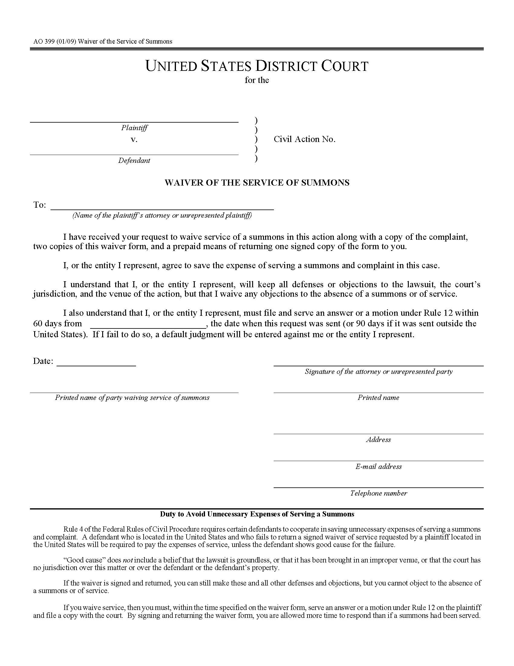 Waiver Of The Service Of Summons {AO 399} | Pdf Fpdf Doc Docx | Official Federal Forms