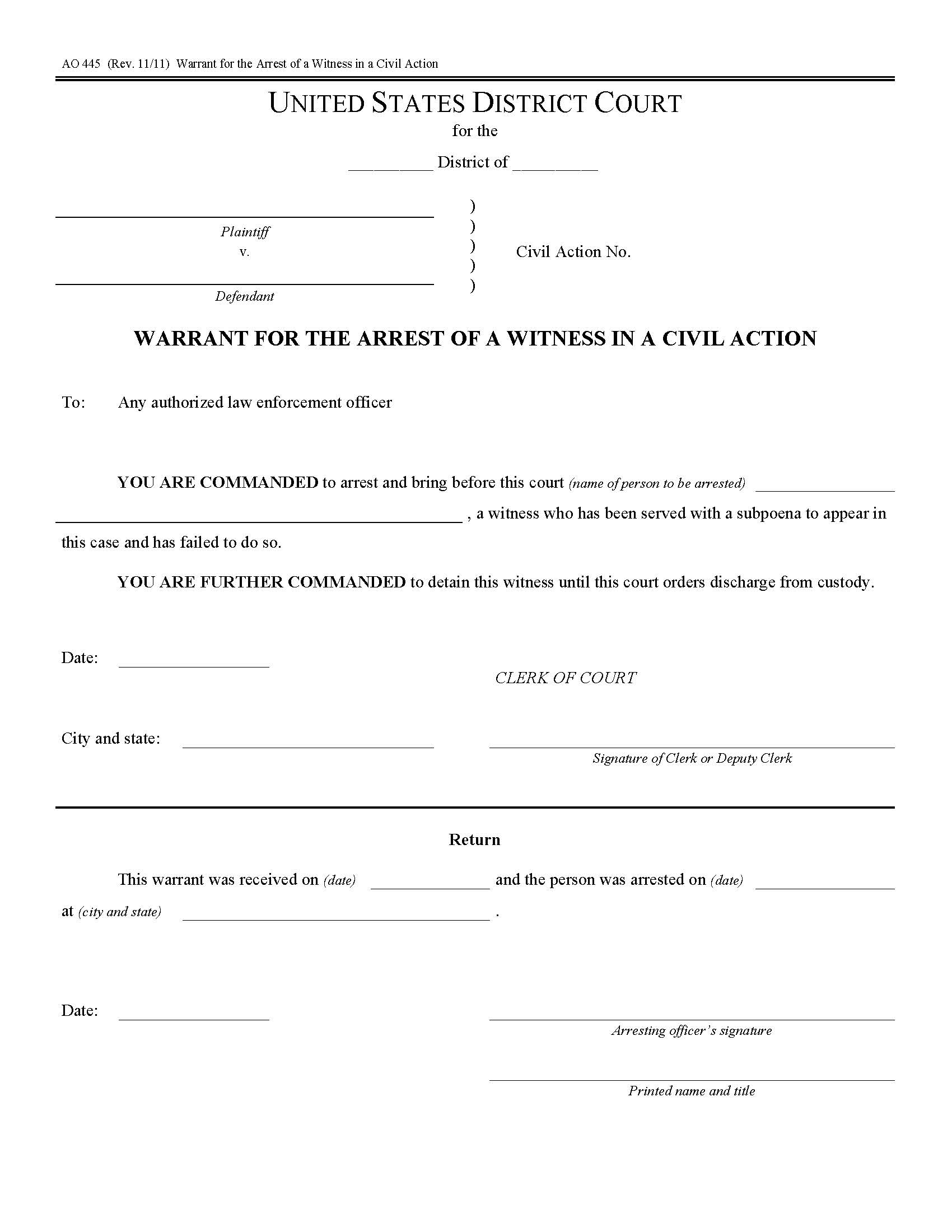 Warrant For The Arrest Of A Witness In A Civil Action {AO 445} | Pdf Fpdf Doc Docx | Official Federal Forms