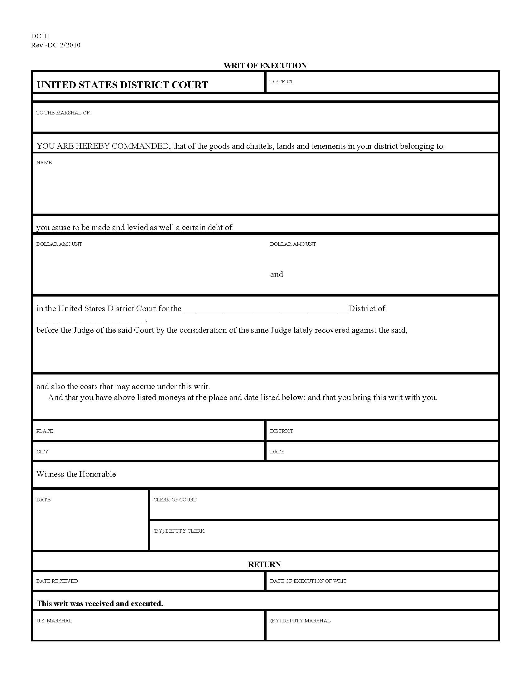 Writ Of Execution {DC 11} | Pdf Fpdf Doc Docx | Official Federal Forms