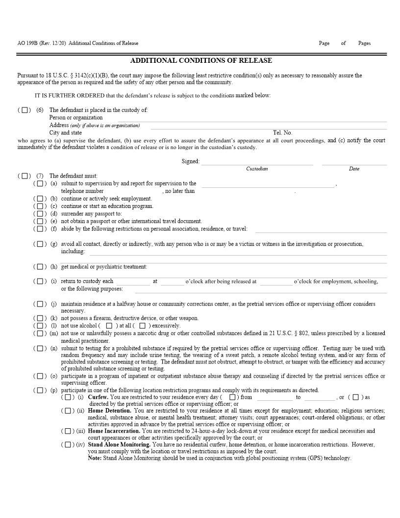 Additional Conditions Of Release {AO 199B} | Pdf Fpdf Doc Docx | Official Federal Forms