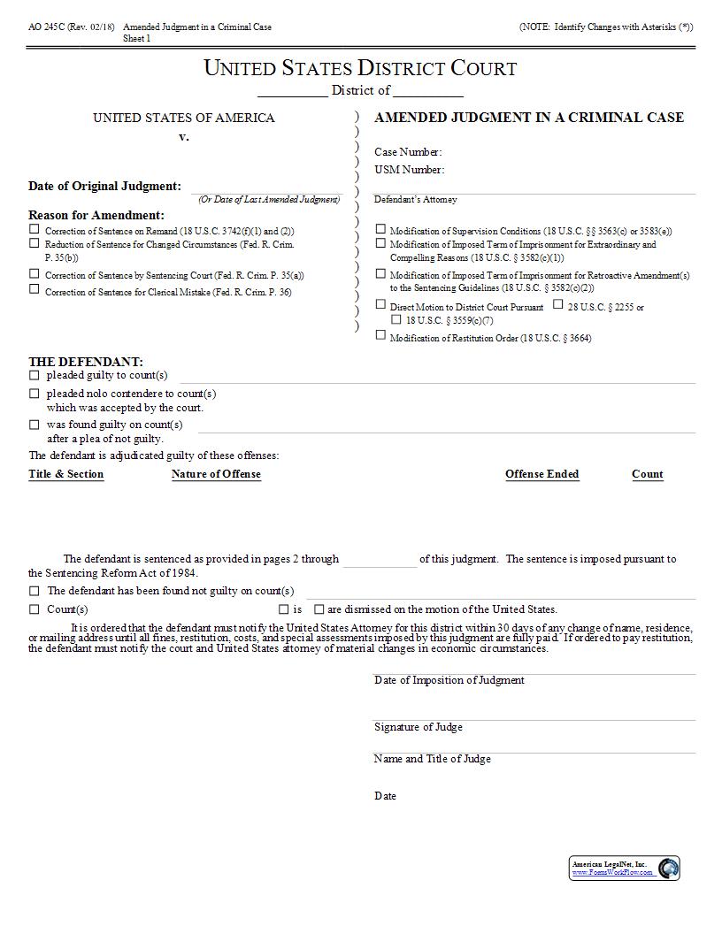 Amended Judgment In A Criminal Case {AO 245C} | Pdf Fpdf Doc Docx | Official Federal Forms