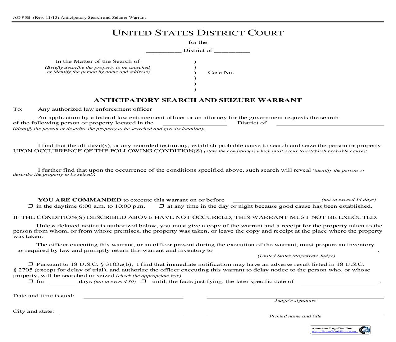 Anticipatory Search And Seizure Warrant {AO 93B} | Pdf Fpdf Doc Docx | Official Federal Forms