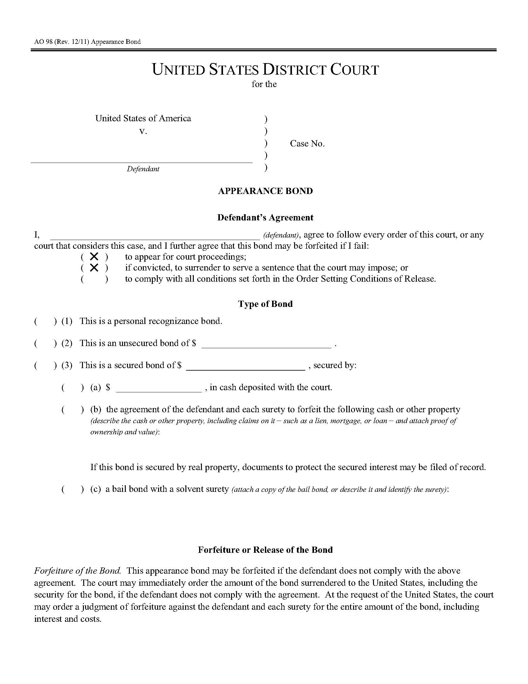 Appearance Bond {AO 98} | Pdf Fpdf Doc Docx | Official Federal Forms