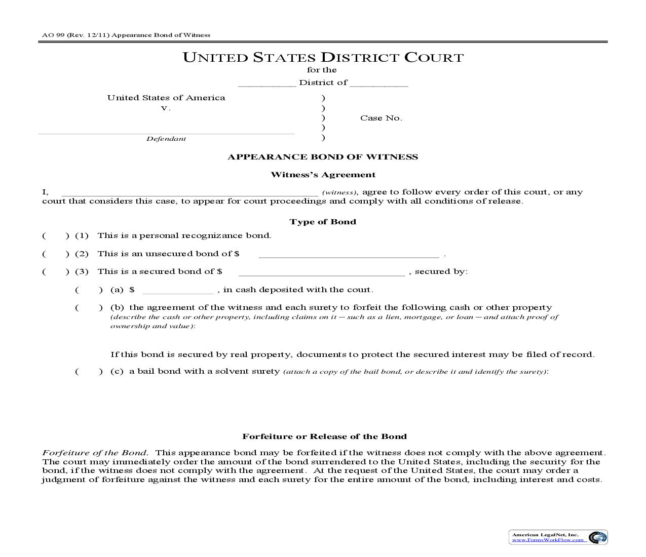 Appearance Bond Of Witness {AO 99} | Pdf Fpdf Doc Docx | Official Federal Forms