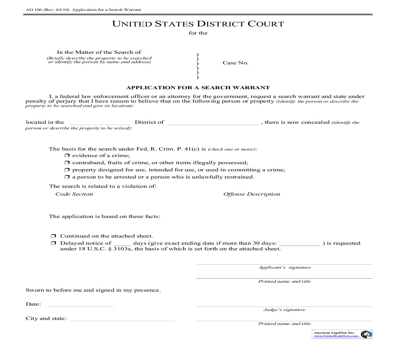 Application For A Search Warrant {AO 106} | Pdf Fpdf Doc Docx | Official Federal Forms