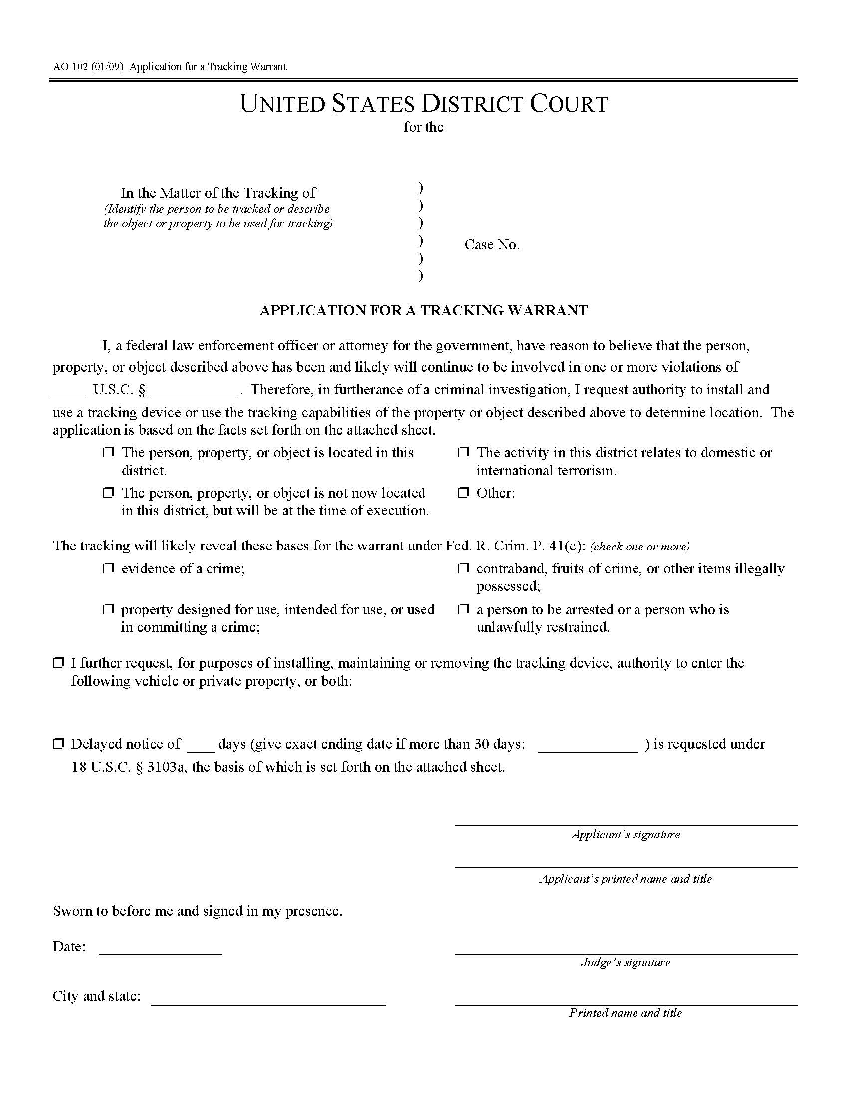 Application For A Tracking Warrant {AO 102} | Pdf Fpdf Doc Docx | Official Federal Forms