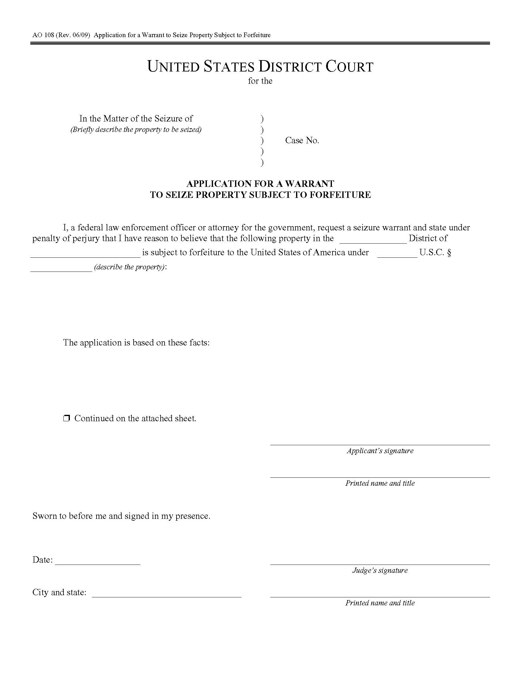 Application For A Warrant To Seize Personal Property Subject To Civil Forfeiture {AO 108} | Pdf Fpdf Doc Docx | Official Federal Forms