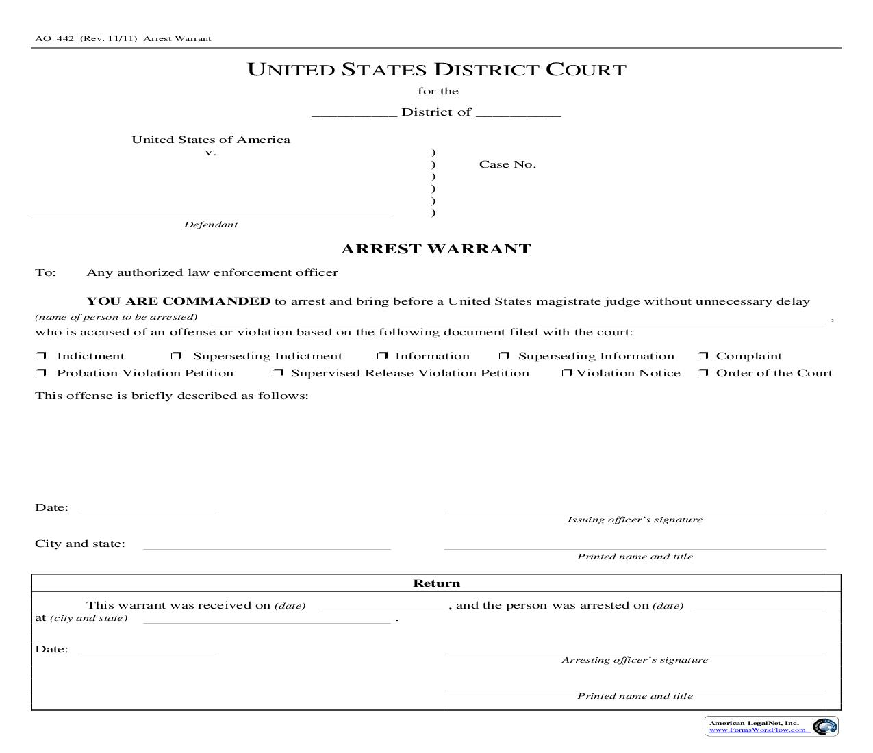 Arrest Warrant {AO 442} | Pdf Fpdf Doc Docx | Official Federal Forms