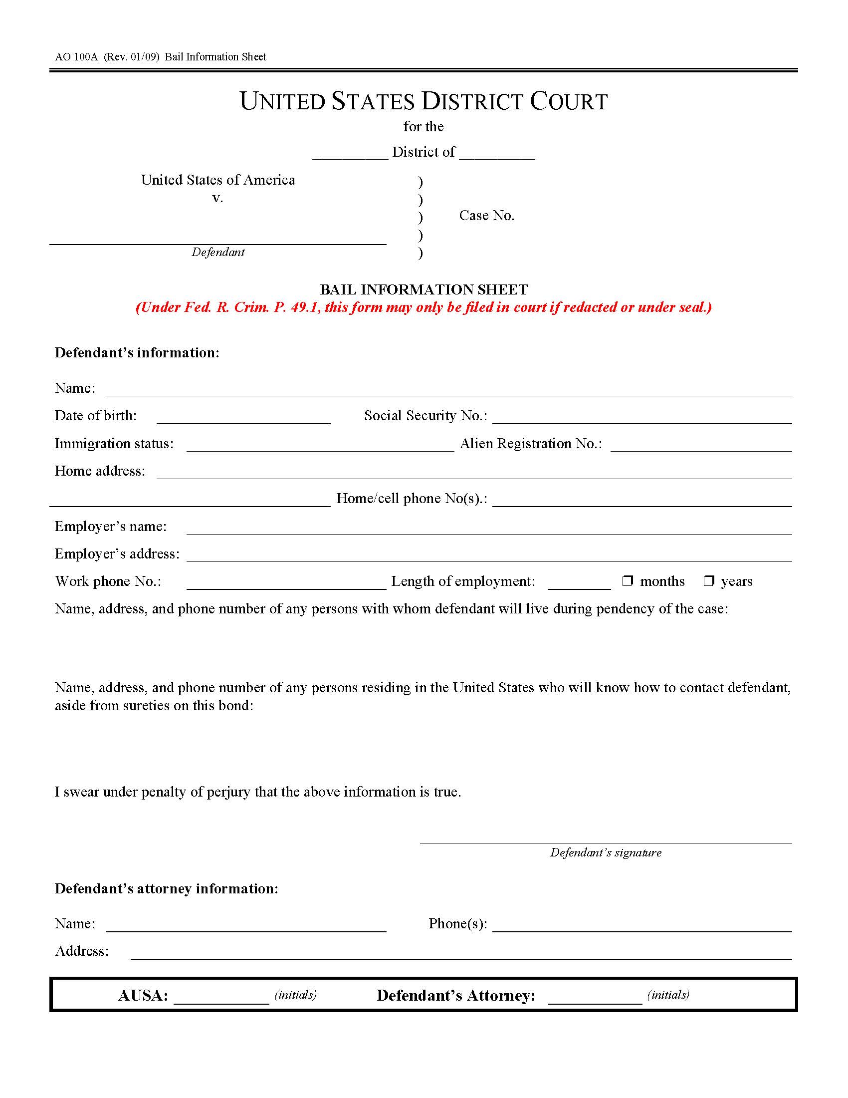 Bail Information Sheet {AO 100A} | Pdf Fpdf Doc Docx | Official Federal Forms