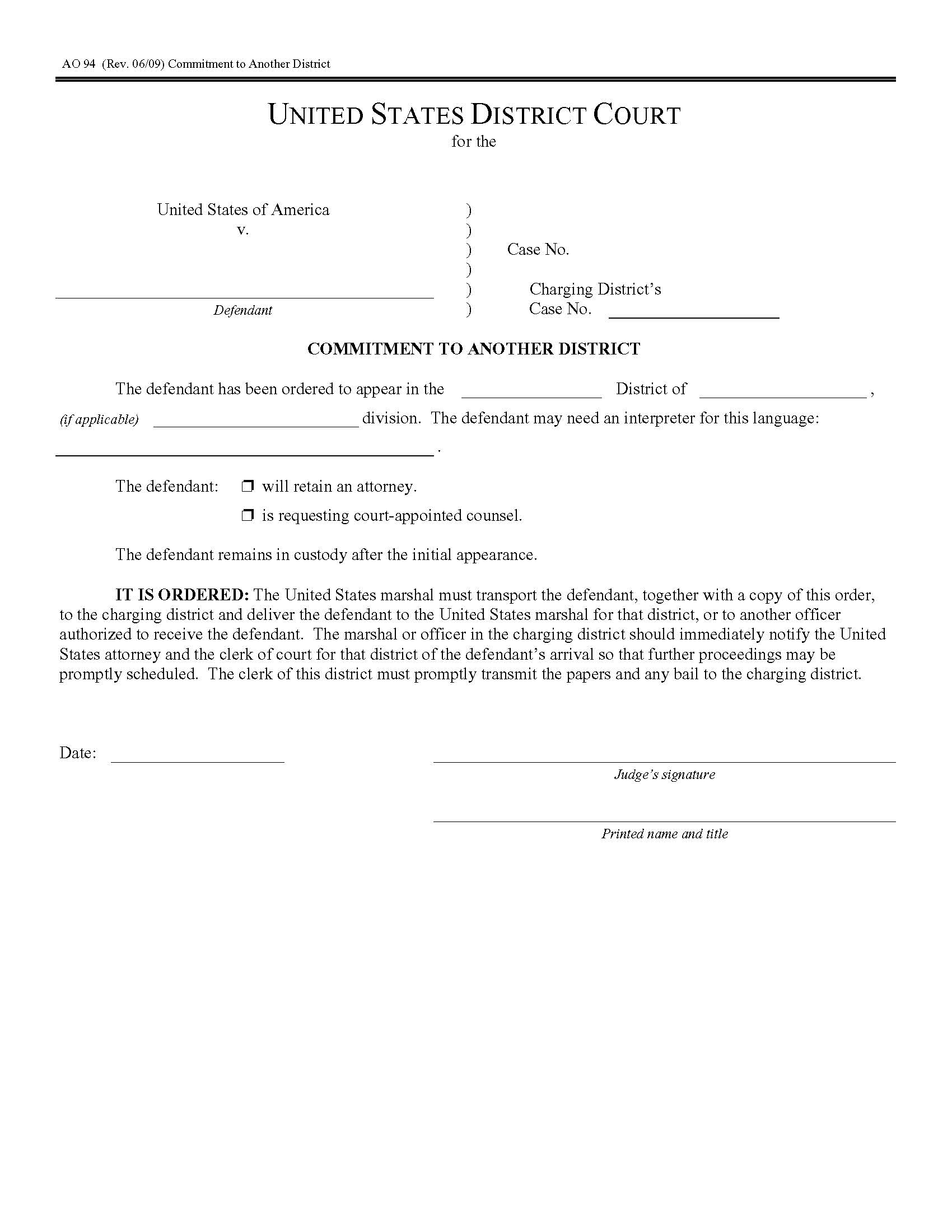 Commitment To Another District {AO 94} | Pdf Fpdf Doc Docx | Official Federal Forms