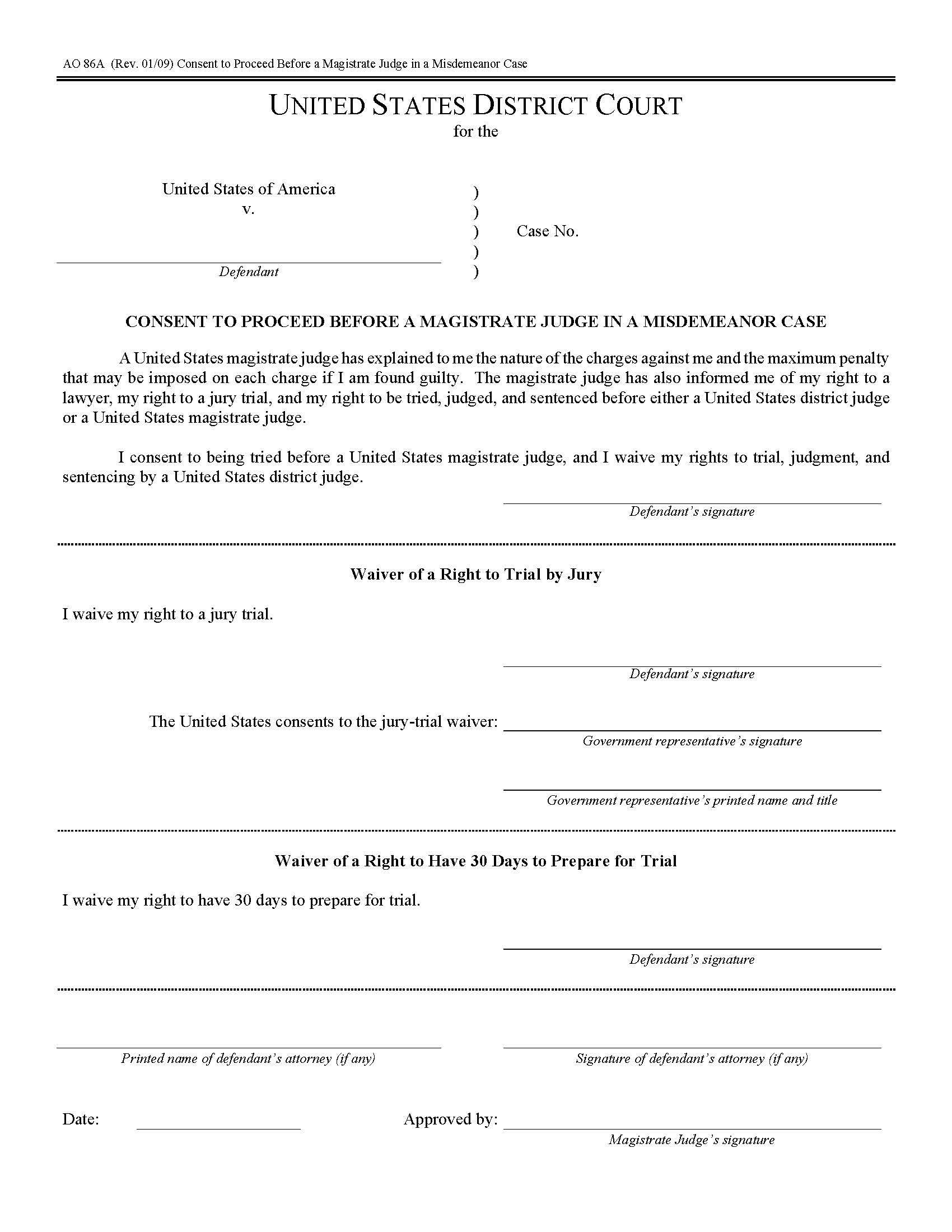 Consent To Proceed Before US Magistrate Judge In A Misdemeanor Case {AO 86A} | Pdf Fpdf Doc Docx | Official Federal Forms