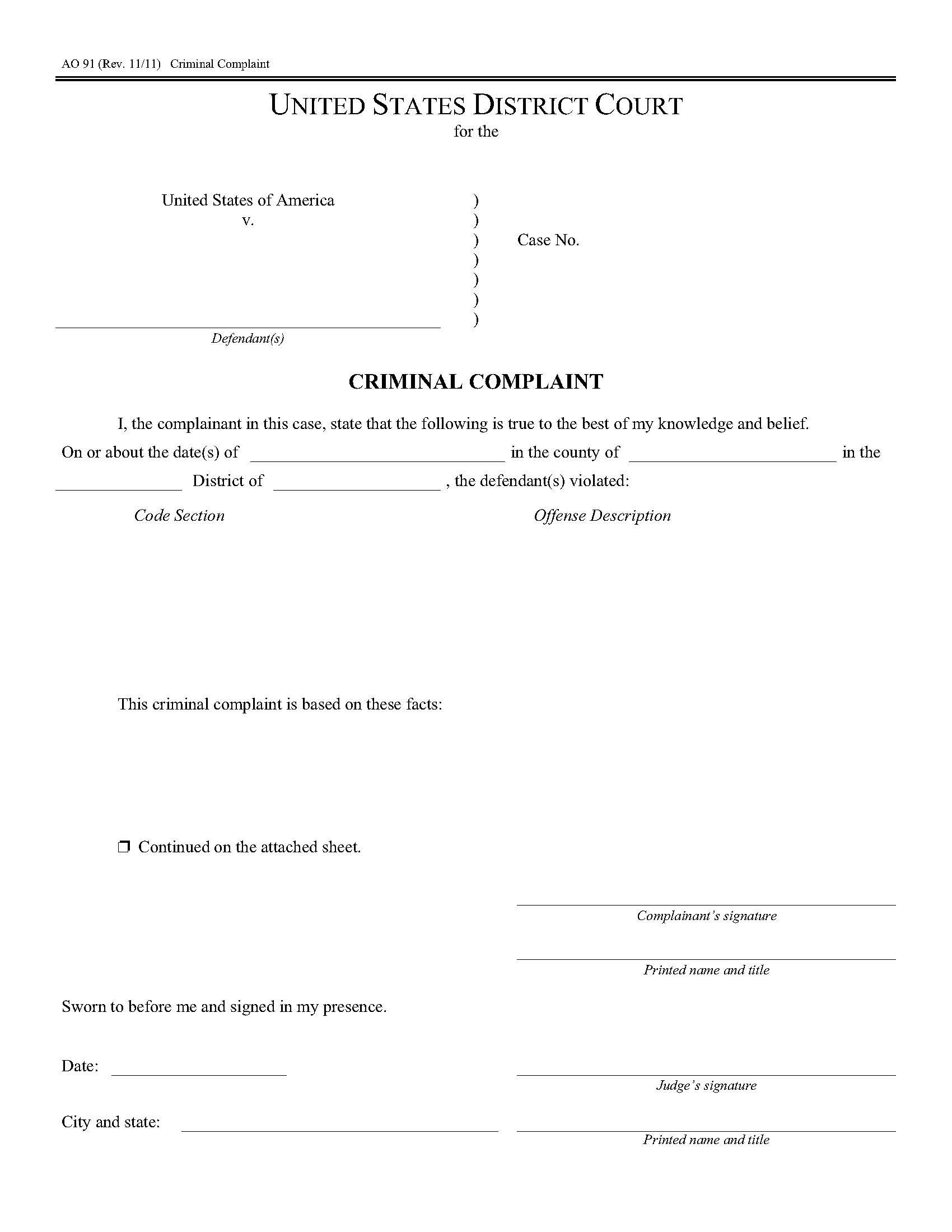 Criminal Complaint {AO 91} | Pdf Fpdf Doc Docx | Official Federal Forms