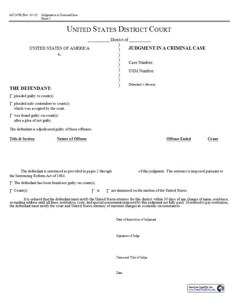 Judgment In A Criminal Case {AO 245B} | Pdf Fpdf Docx | Official Federal Forms