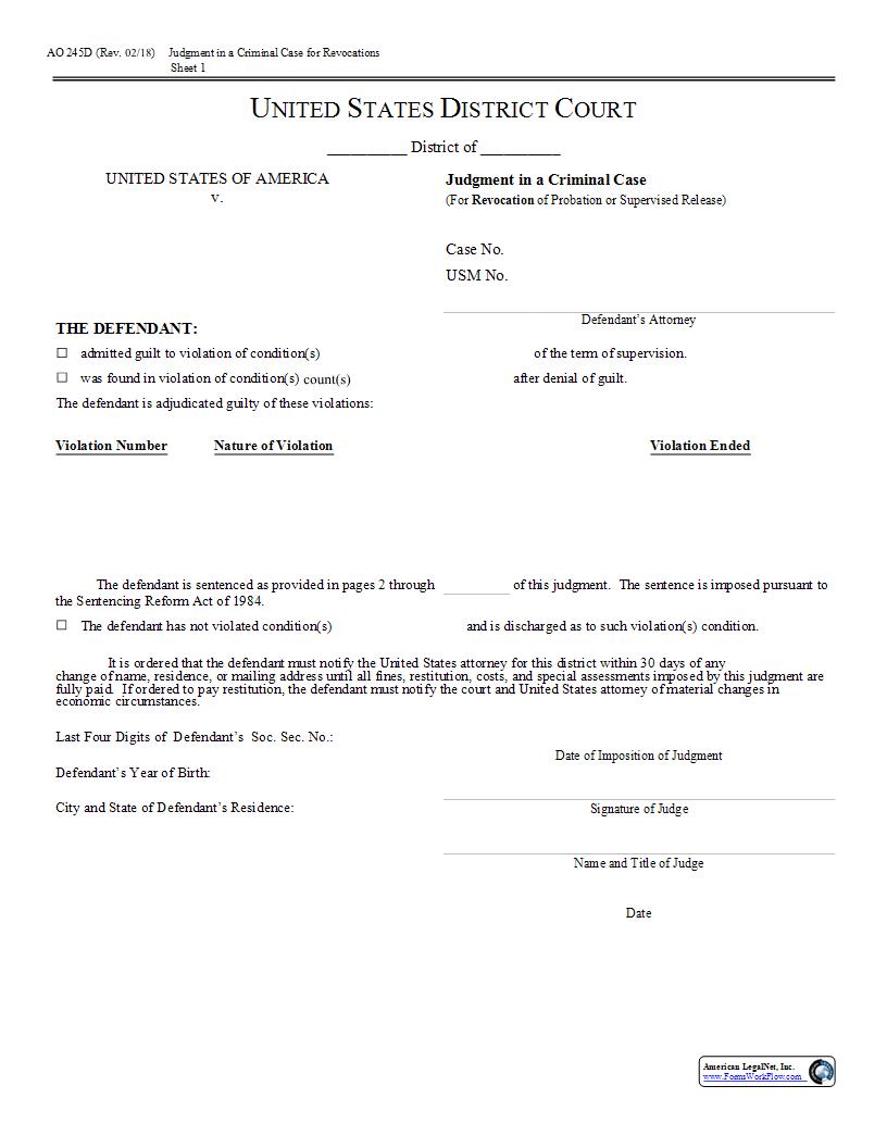 Judgment In A Criminal Case (For Revocation Of Probation) {AO 245D} | Pdf Fpdf Doc Docx | Official Federal Forms
