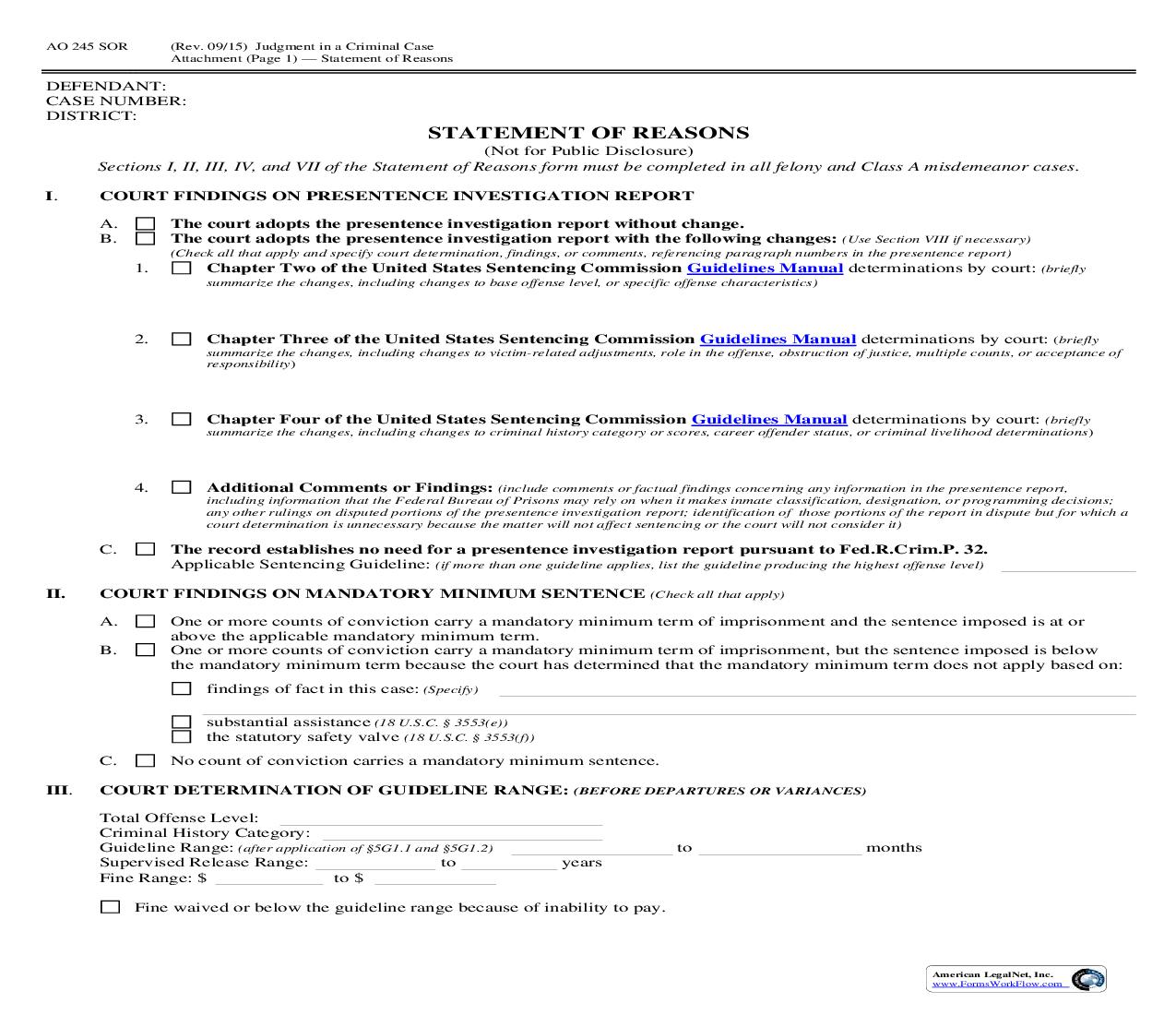 Judgment In A Criminal Case (Statement Of Reasons) {AO 245SOR} | Pdf Fpdf Doc Docx | Official Federal Forms