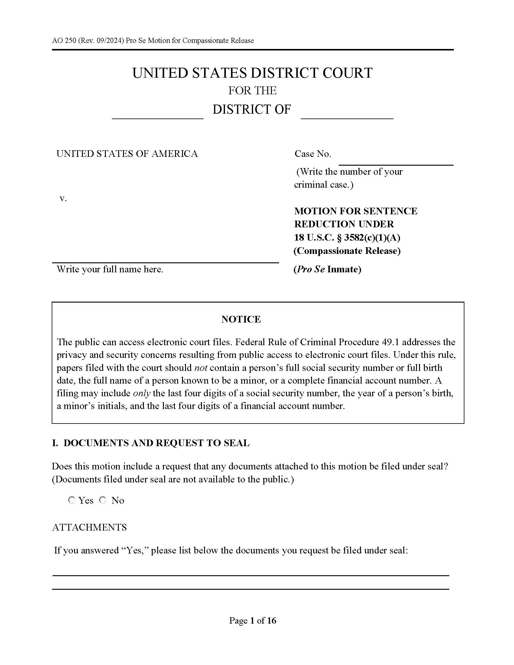 Motion For Sentence Reduction Under 18 USC 3582(c)(1)(A) {AO 250} | Pdf Fpdf Docx | Official Federal Forms