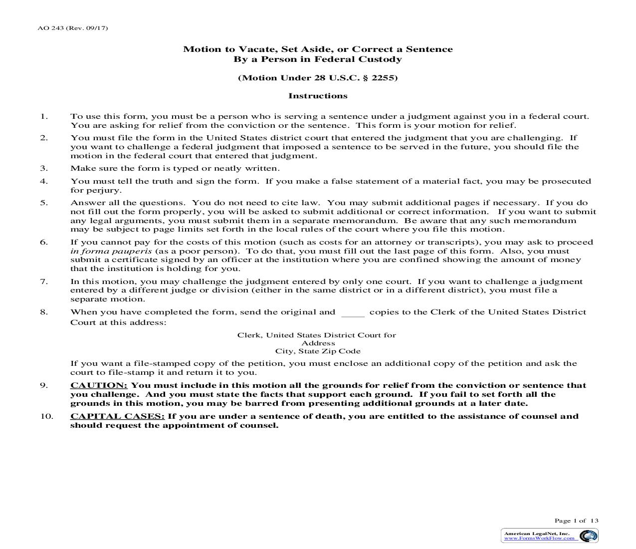 Motion To Vacate Set Aside Or Correct Sentence By Person In Federal Custody {AO 243} | Pdf Fpdf Doc Docx | Official Federal Forms