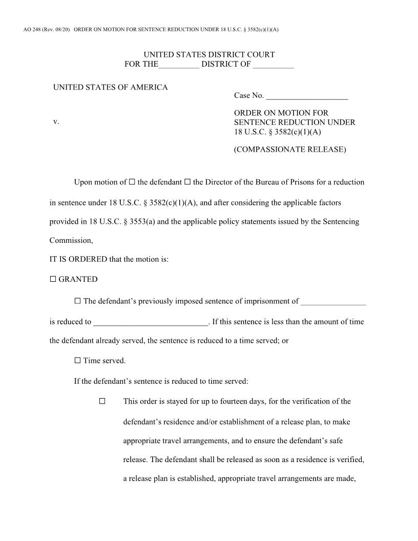 Order On Motion For Sentence Reduction Under 18 USC 3582(c)(1)(A) {AO 248} | Pdf Fpdf Docx | Official Federal Forms