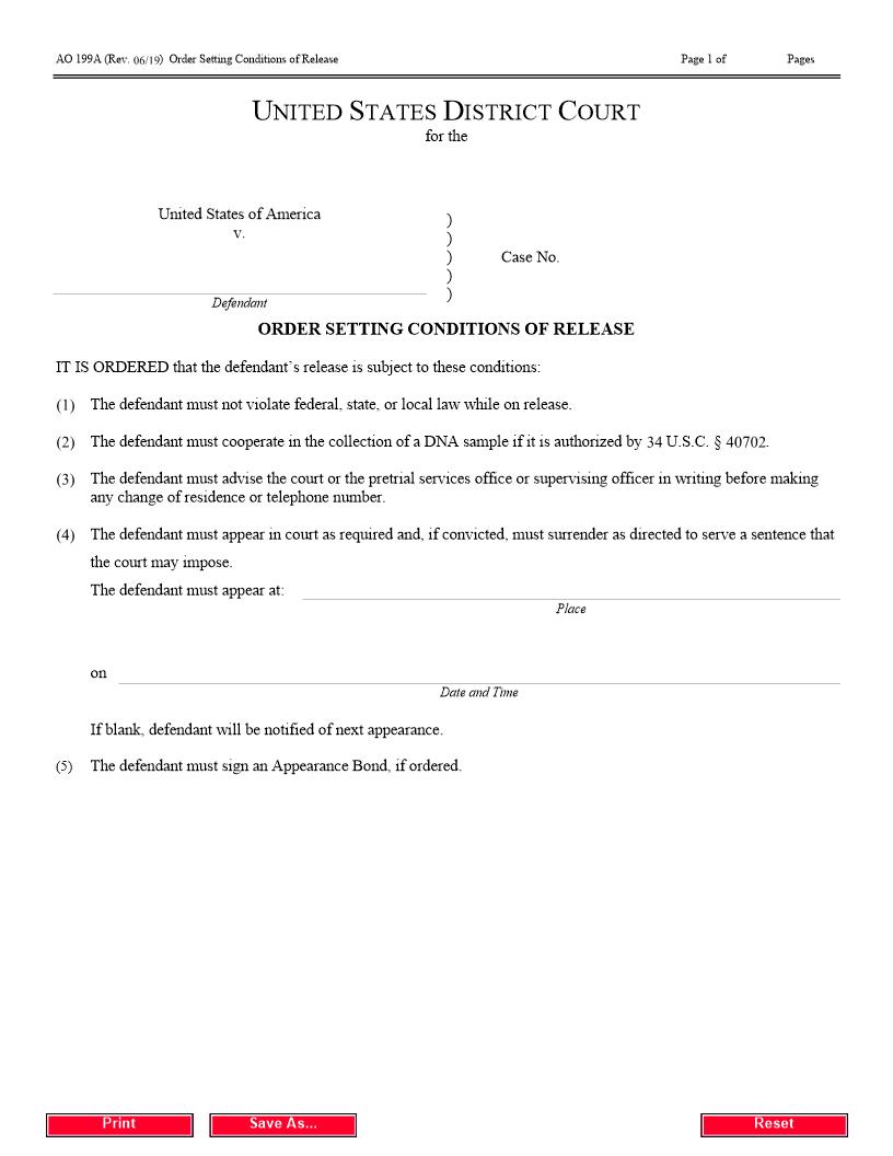 Order Setting Conditions Of Release {AO 199A} | Pdf Fpdf Doc Docx | Official Federal Forms