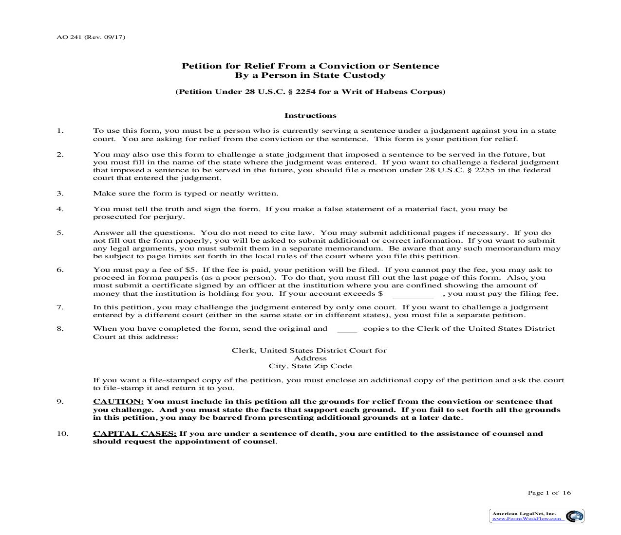Petition For Relief From A Conviction Or Sentence By A Person In State Custody {AO 241} | Pdf Fpdf Doc Docx | Official Federal Forms