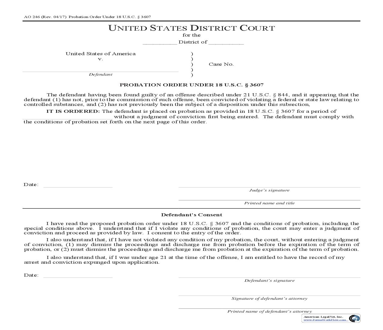 Probation Order Under 18 USC 3607 {AO 246} | Pdf Fpdf Doc Docx | Official Federal Forms