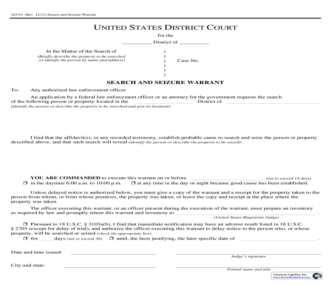 Search And Seizure Warrant {AO 93} | Pdf Fpdf Doc Docx | Official Federal Forms